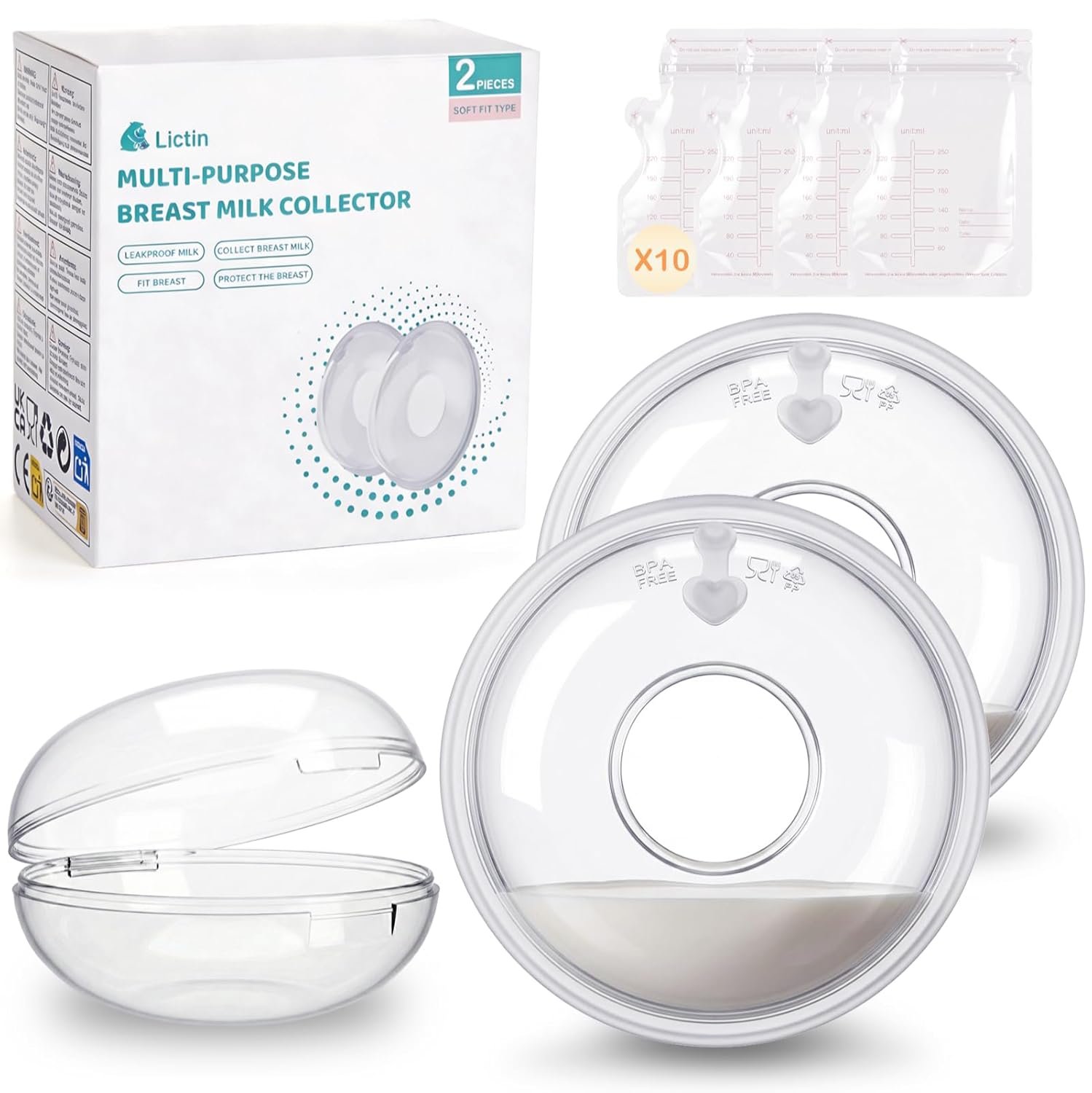 Lictin Breast Milk Collector, Milk Collectors for Breastfeeding, 2PCS Breastmilk Cups, 60ML Milk Collection Shells with 10PCS Milk Storage Bags(Silicone Storage Box), Milk Catcher for Nursing Moms