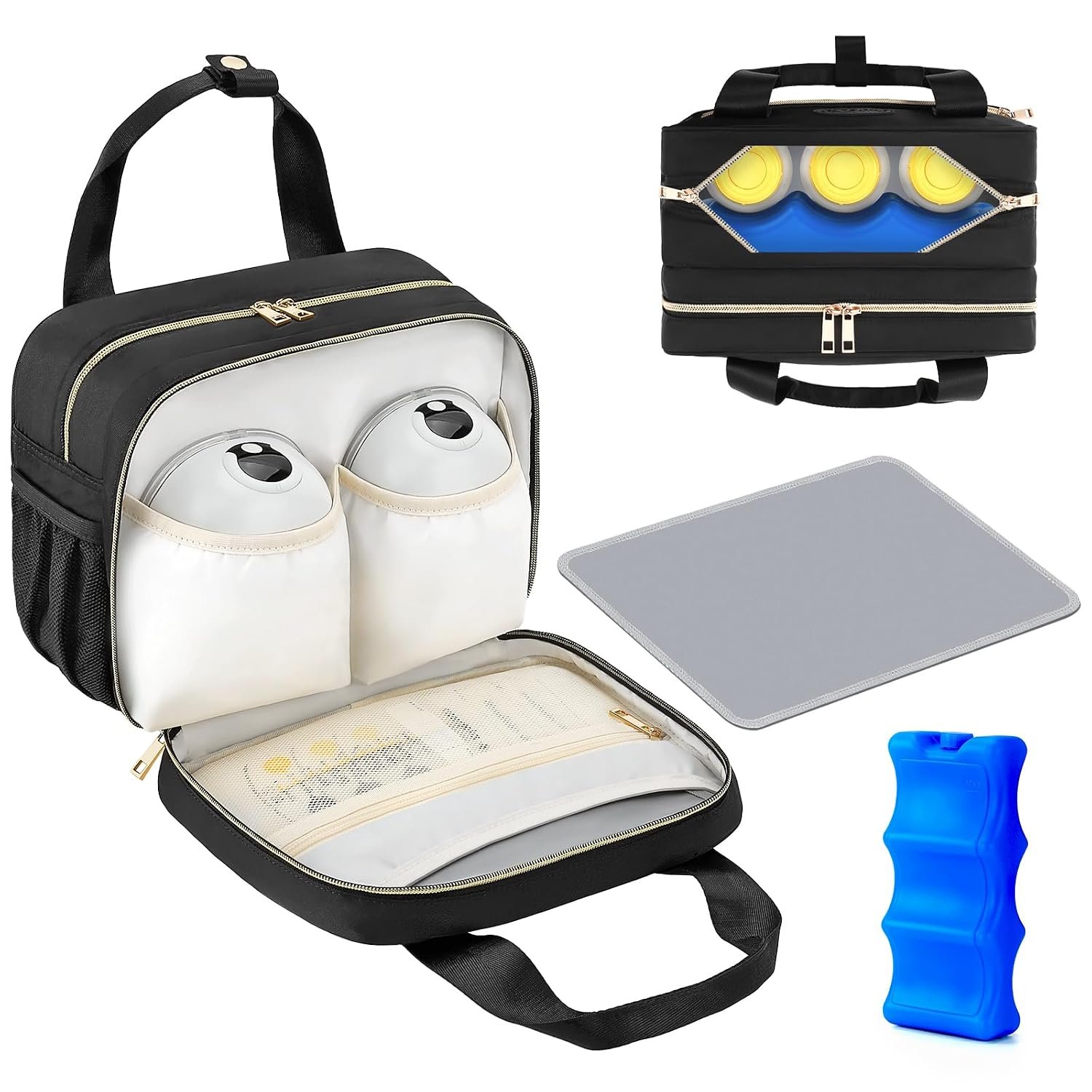 PIIOSER Breastmilk Cooler Travel Bag with Ice Pack, Compatible with Wearable Breast Pumps & Accessories – Portable Hands Free Breast Pump Carrying Case for Nursing & Working Moms, Black