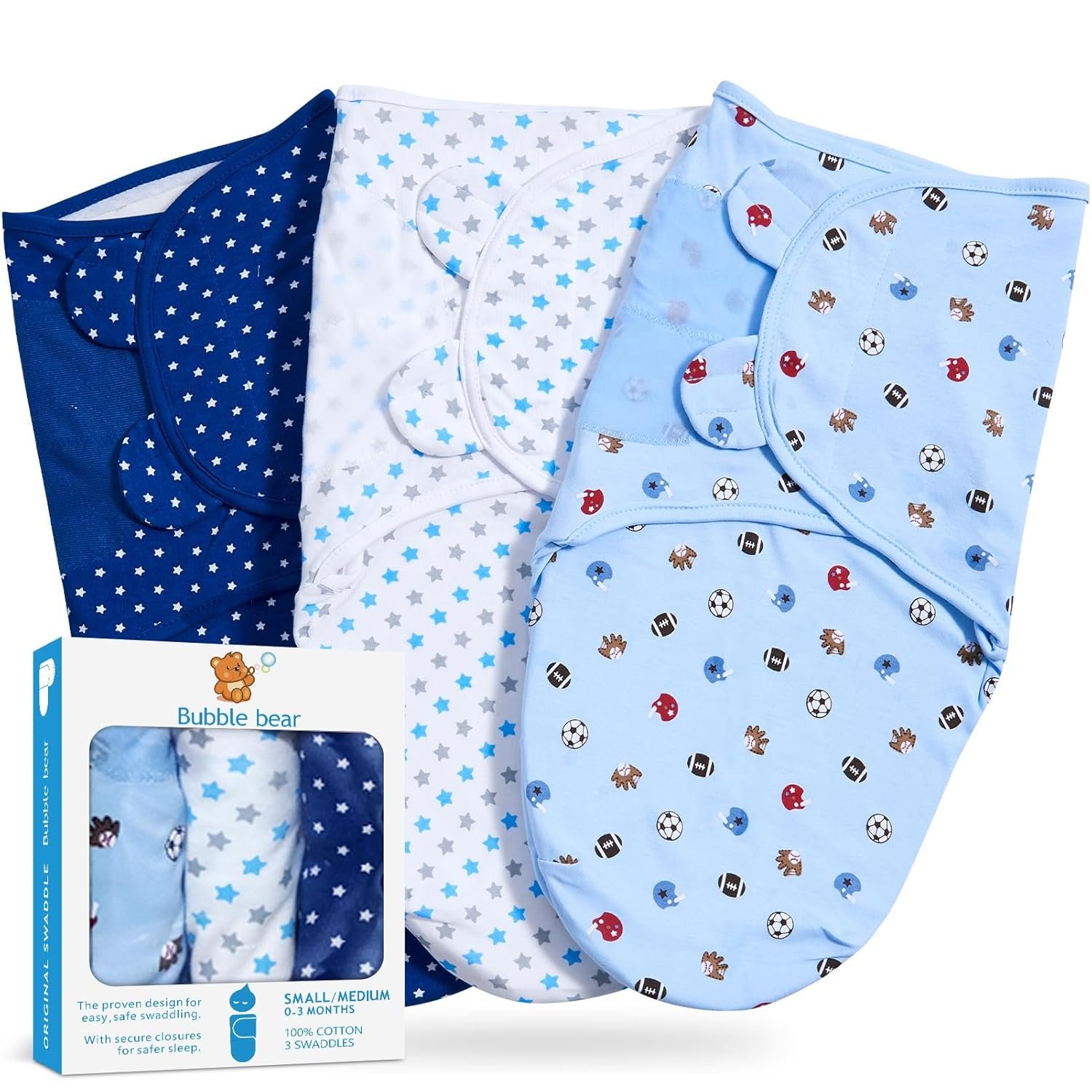 Bubble bear 3 Pack Baby Swaddle 0-3 Months – Infant Adjustable Newborn Swaddles Blanket Baby Girl Boy, Swaddling Wrap Blanket Sleep Sack for Newborn-Blue