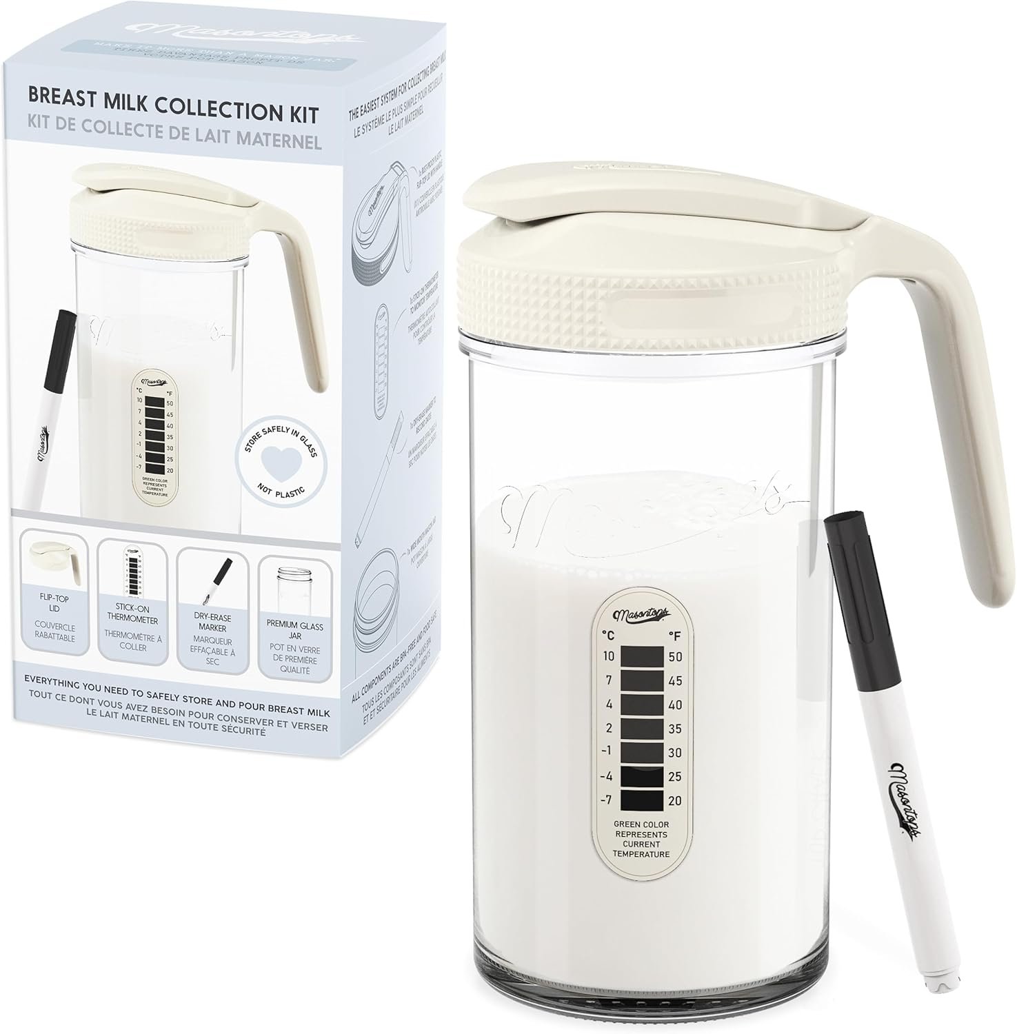 Masontops Breast Milk Storage Kit – 24oz Airtight Mason Jar with Handle, Marker & Stick-on Thermometer for New Moms