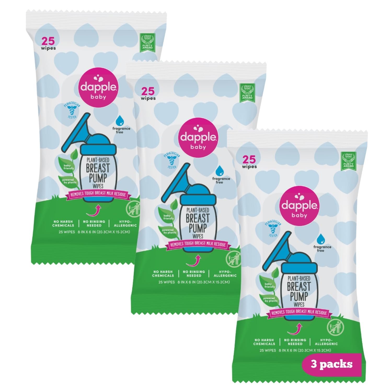Dapple Baby Breast Pump Wipes – (3 Pack) 25 Count – Fragrance-Free, Plant-Powered & Hypoallergenic – Removes Milk Residue – Diaper Bag Essentials