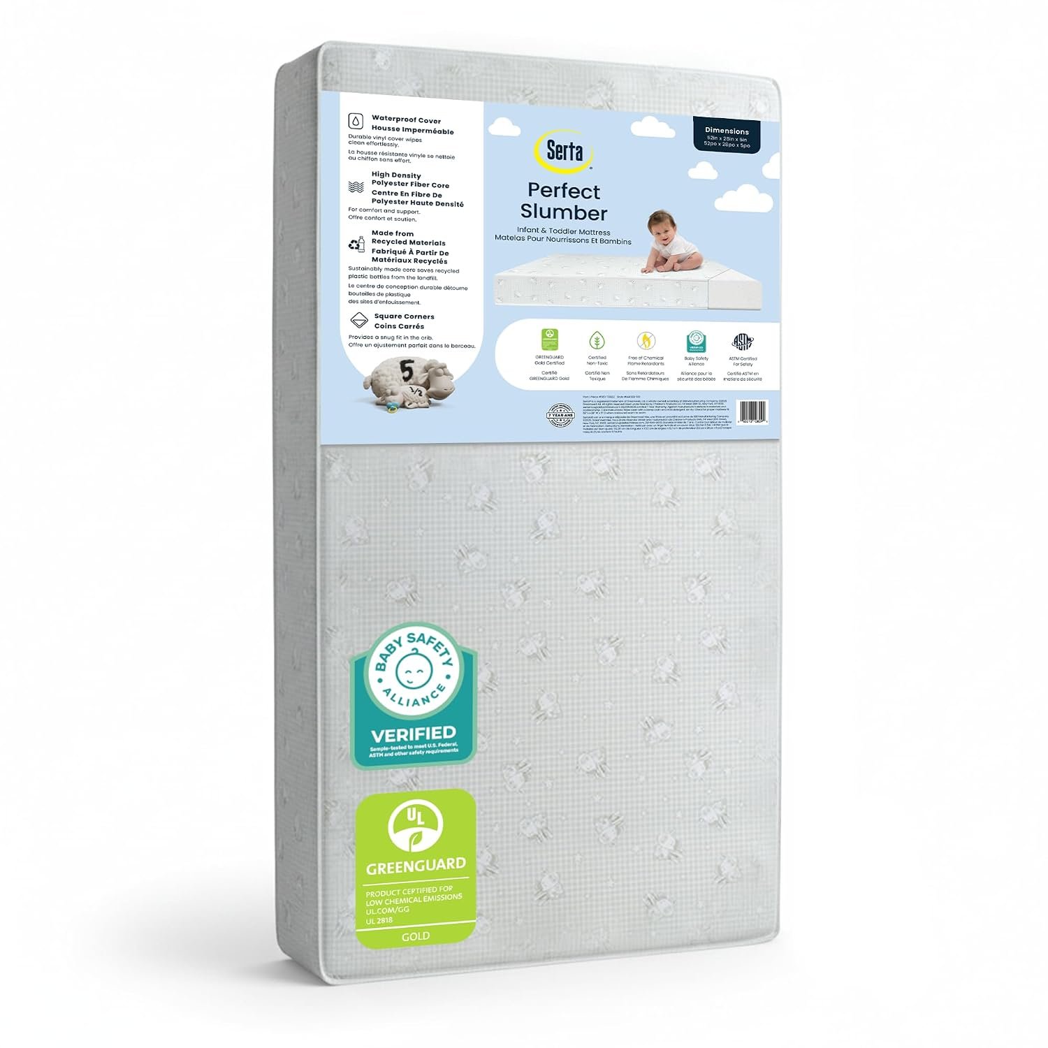 Serta Perfect Slumber Dual Sided Crib and Toddler Mattress – Waterproof – Hypoallergenic – Premium Sustainably Sourced Fiber Core -GREENGUARD Gold Certified (Non-Toxic) -7 Year Warranty – Made in USA