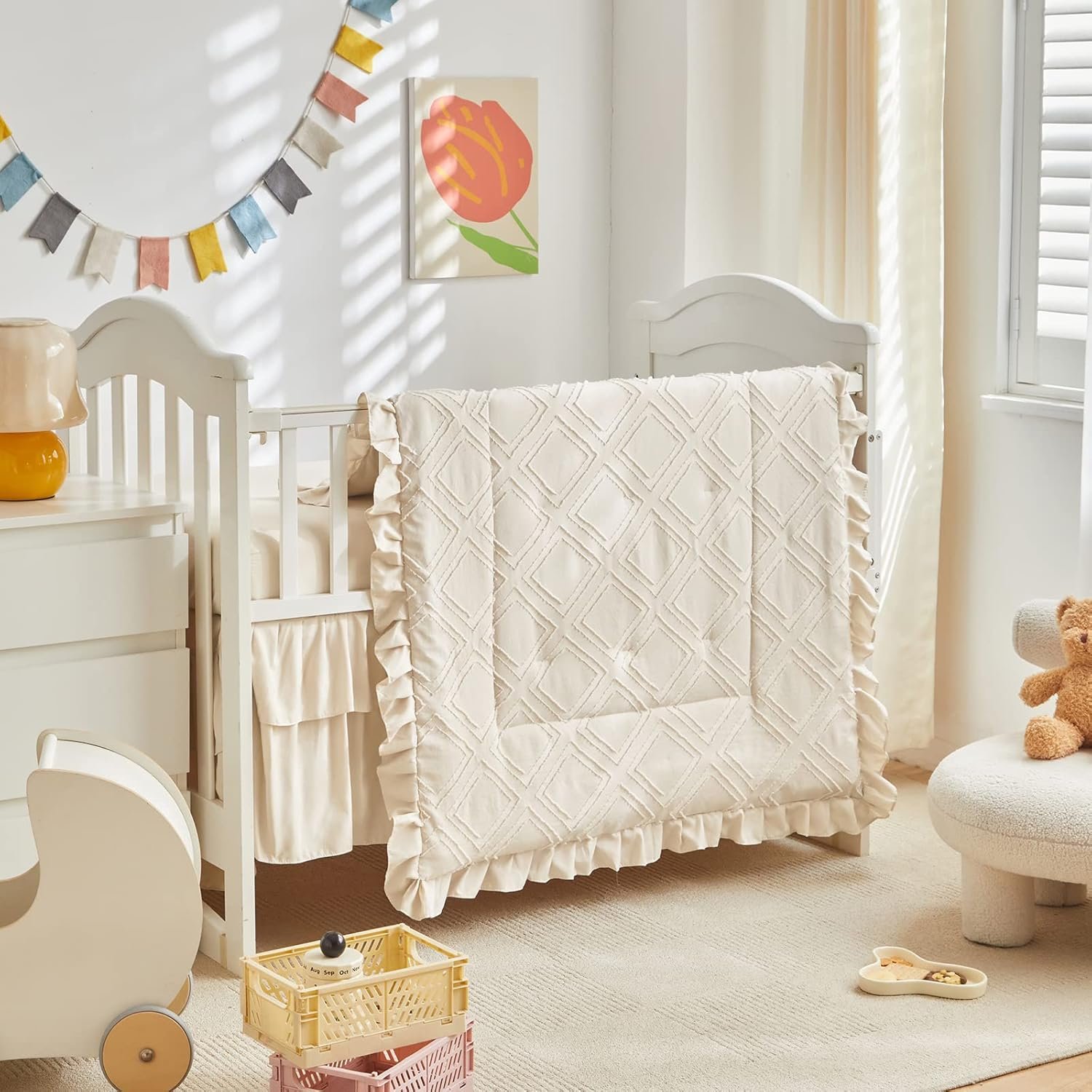 Tufted Ruffle Crib Bedding Set 3 Pieces Baby Boho Quilted Comforter with Fitted Sheet and Bed Skirt – Cute Ruffled Shabby Chic Baby Bedding Soft Blanket Design Cream White