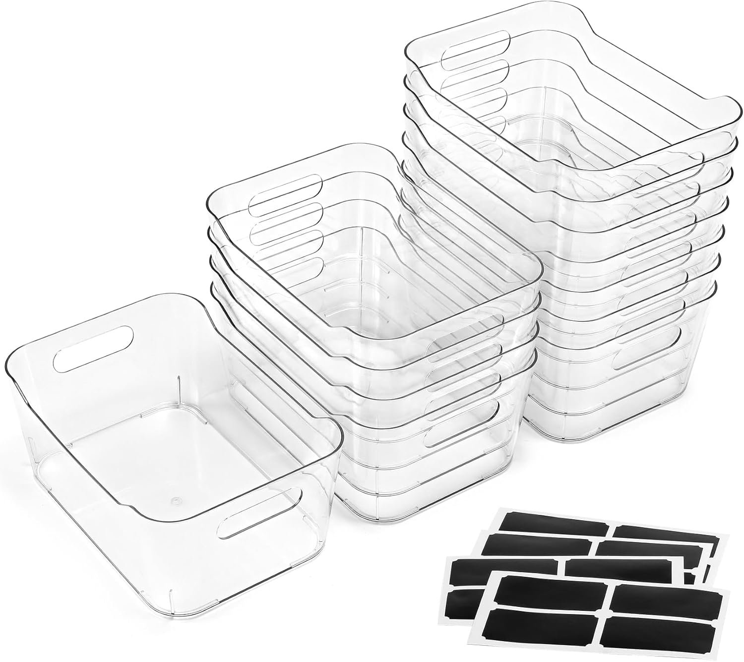 12 PACK Multiuse Clear Plastic Storage Bins for Organizing w/ Labels – Home, Kitchen, Bathroom, Office, Pantry Cabinet Shelf Organizer Bins – SOHO Collection, RV, Fridge Organization Containers