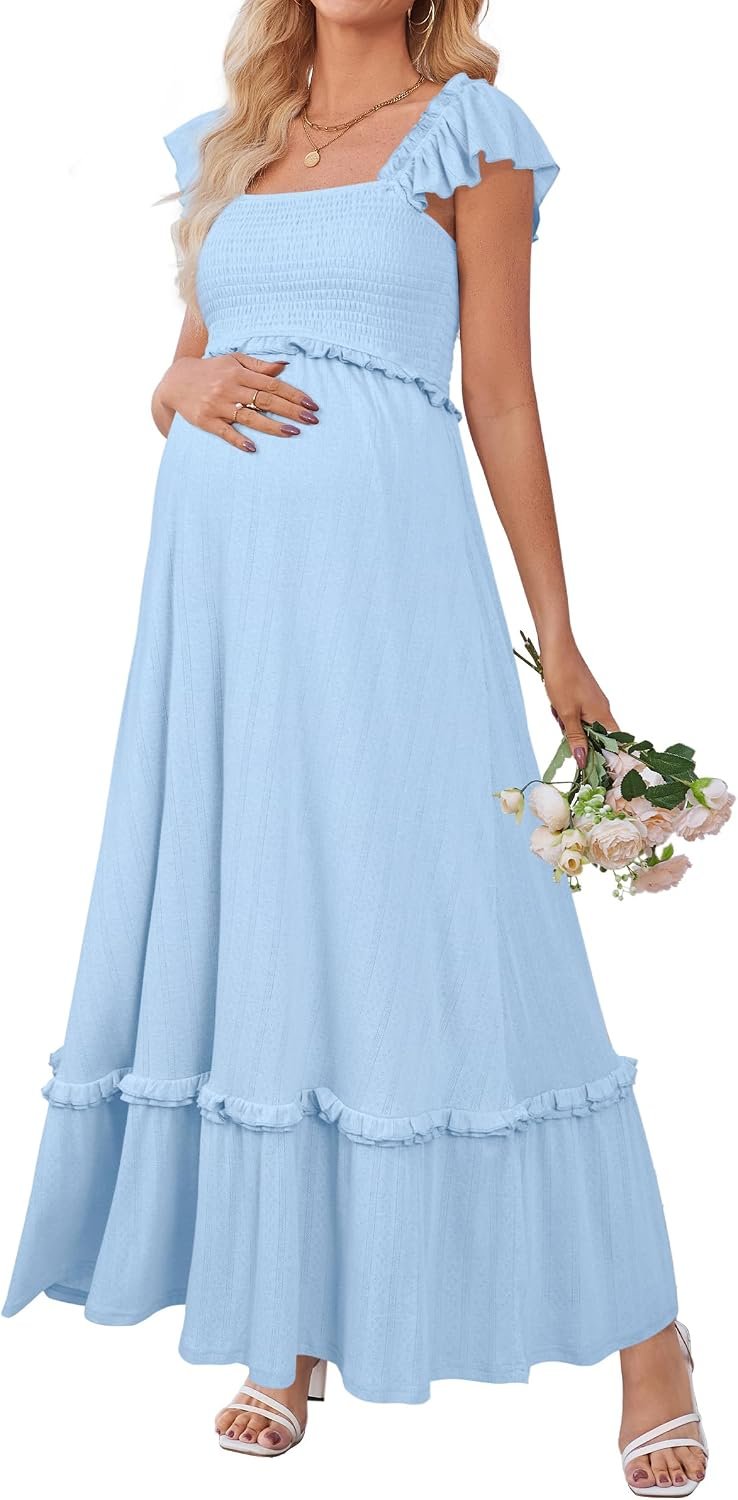 OUGES Womens 2026 Summer Maternity Photoshoot Dress Boho Maxi Smocked Baby Shower Dress Ruffle Sleeve Maternity Clothes