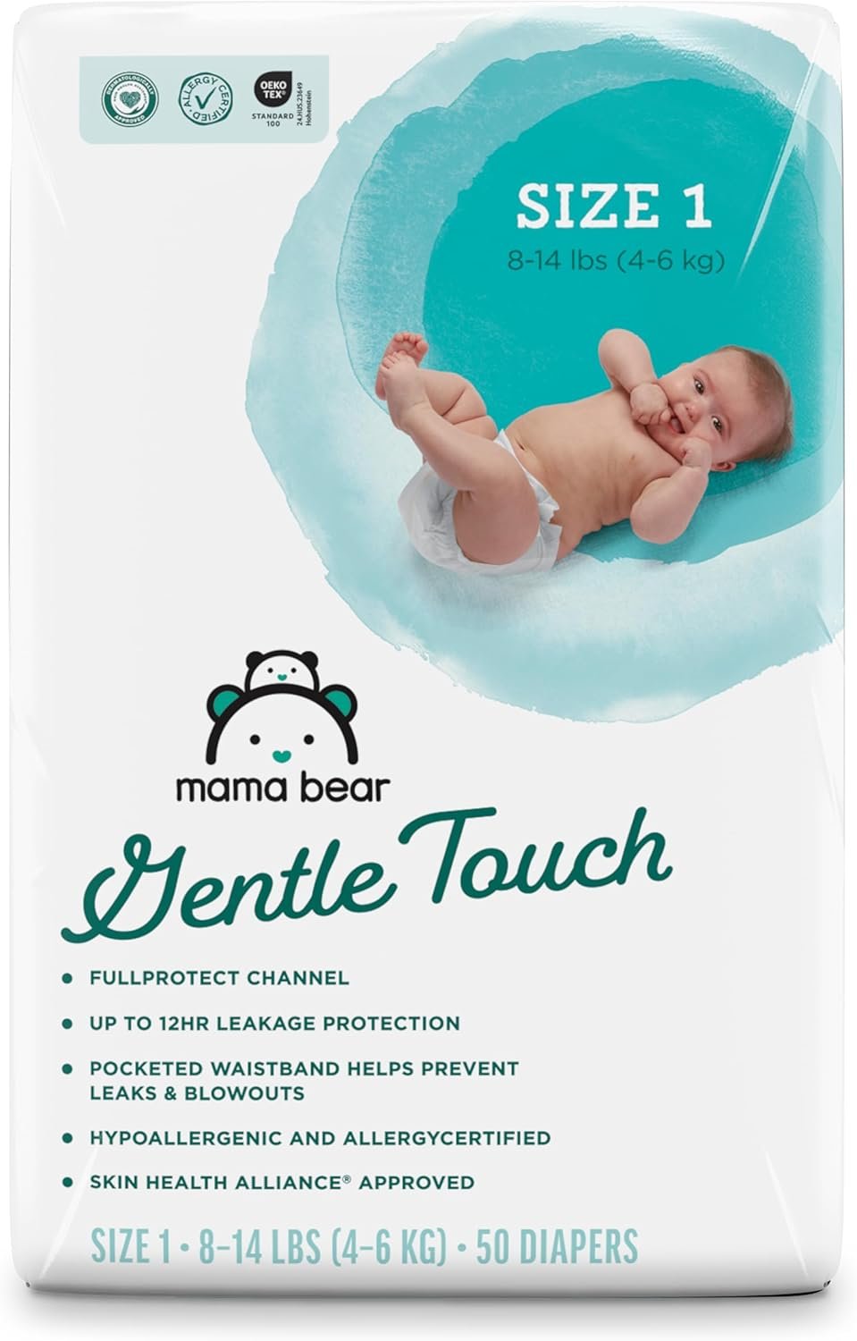 Amazon Brand – Mama Bear Gentle Touch Diapers, Hypoallergenic, Leakage Protection, Size 1, 50 Count
