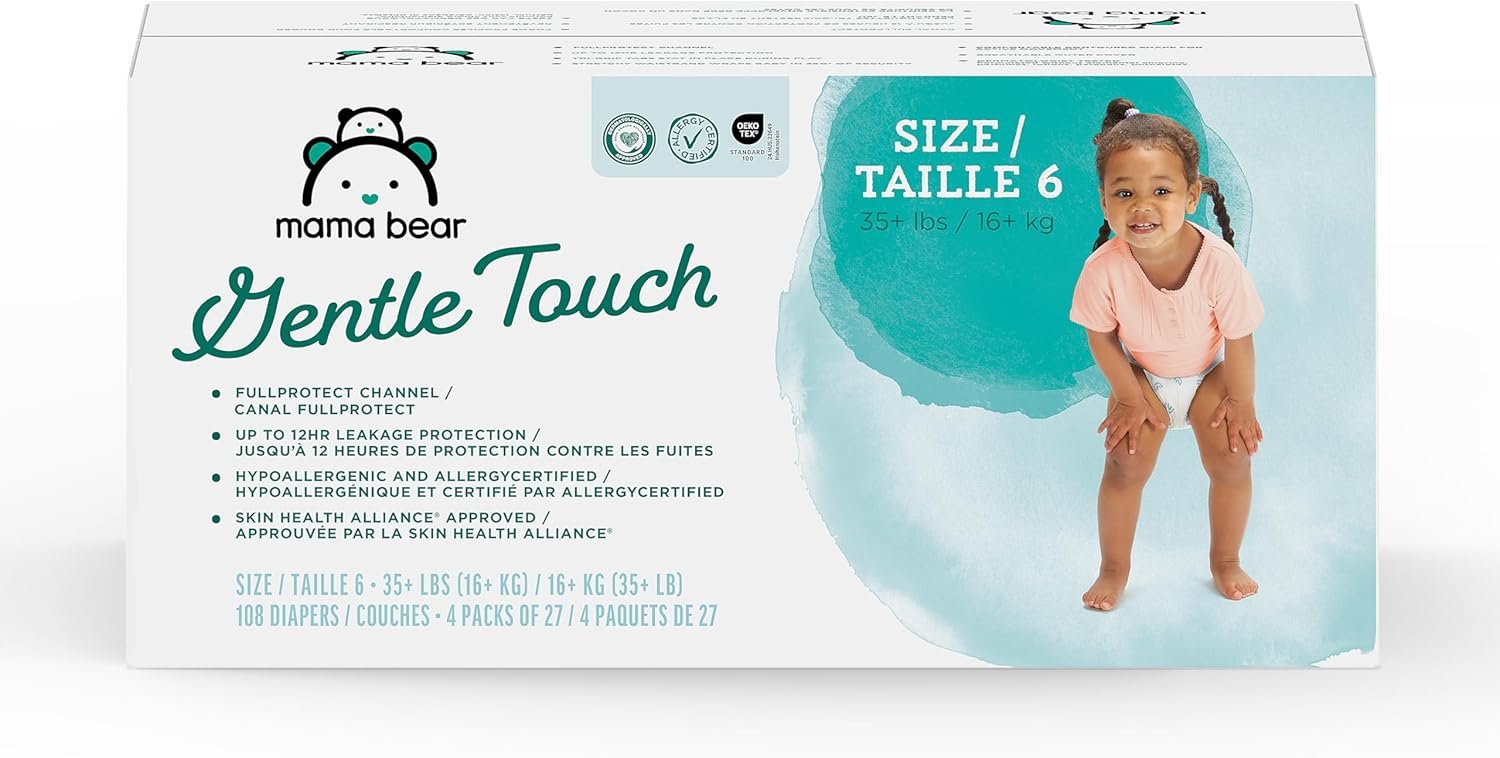 Amazon Brand – Mama Bear Gentle Touch Baby Diapers, Size 6, 108 Count (4 Packs of 27), Hypoallergenic, Wetness Indicator