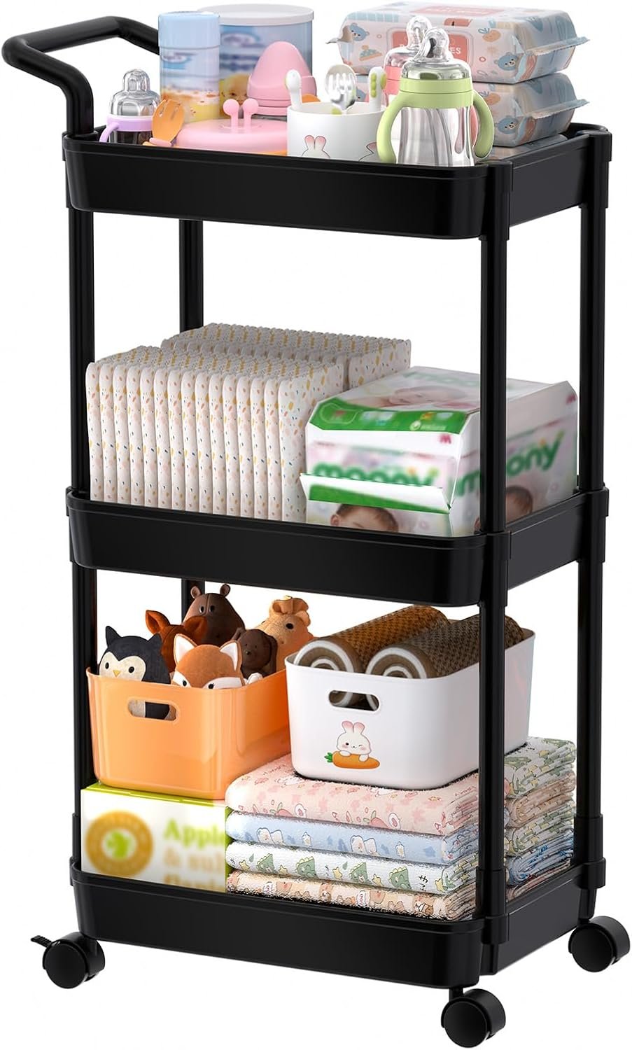 Volnamal Diaper Caddy – Plastic Diaper Organizer for Nursery Essentials, Baby Organizers and Storage, Movable Cart for Changing Table & Crib, Baby Registry Search, Black