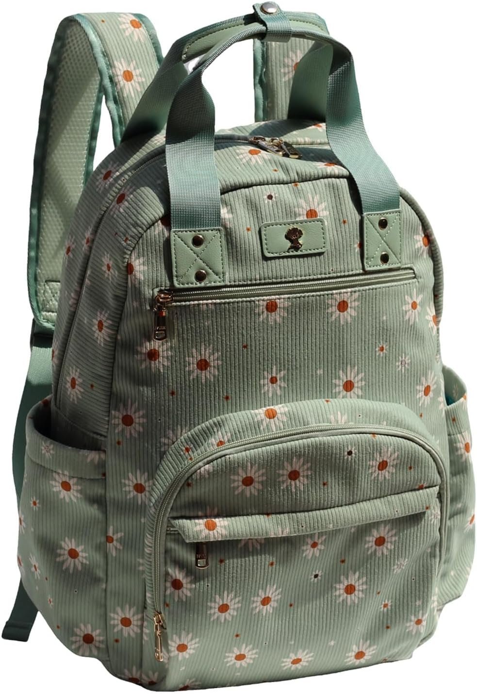 ESVAN Diaper Bag Backpack, Large Capacity Multifunction Baby Essentials Fashion Travel Pack Linen Canvas office Laptop Bag (Corduroy Matcha Daisy)