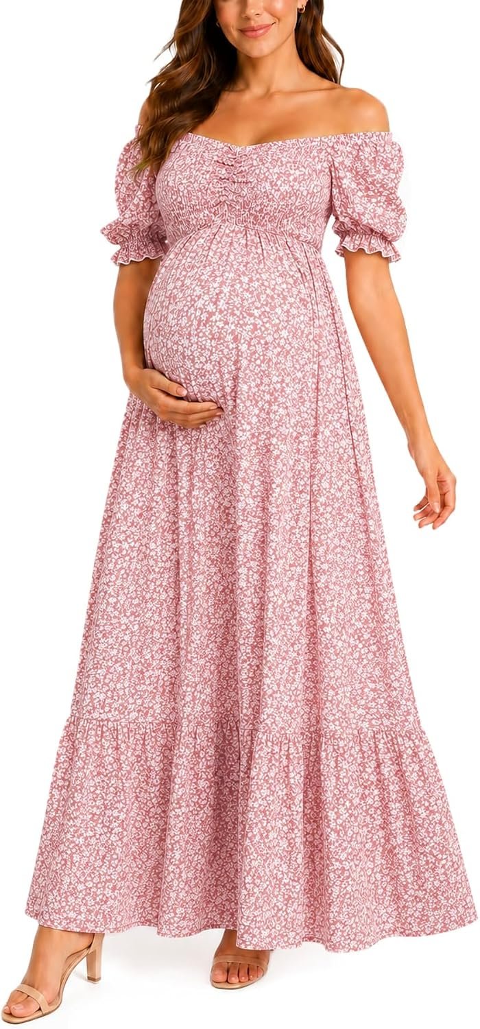Maternity Dress Baby Shower – 2025 Photoshoot Pregnancy Summer Floral Maxi Off Shoulder Casual Dress