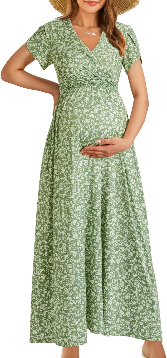 OUGES Maternity Maxi Dress Wrap Baby Shower Pregnancy Dresses for Photoshoot Maternity Outfits Summer Clothes 2026