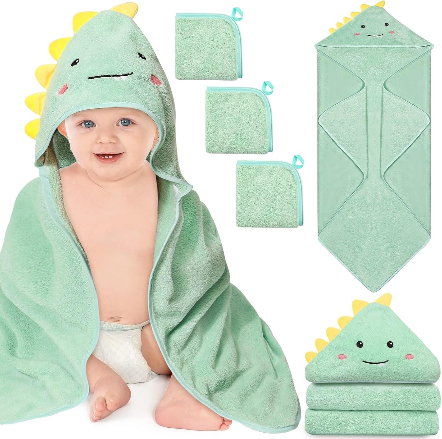 4 PCS Hooded Baby Towels, Soft Baby Towel, Absorbent Baby Bath Towel, Baby Towels and 3 PCS Baby Washcloths for Newborns, Toddlers, and Kids, 32×32 in Baby Towel with Hood for Boy and Girl (Dinosaur)