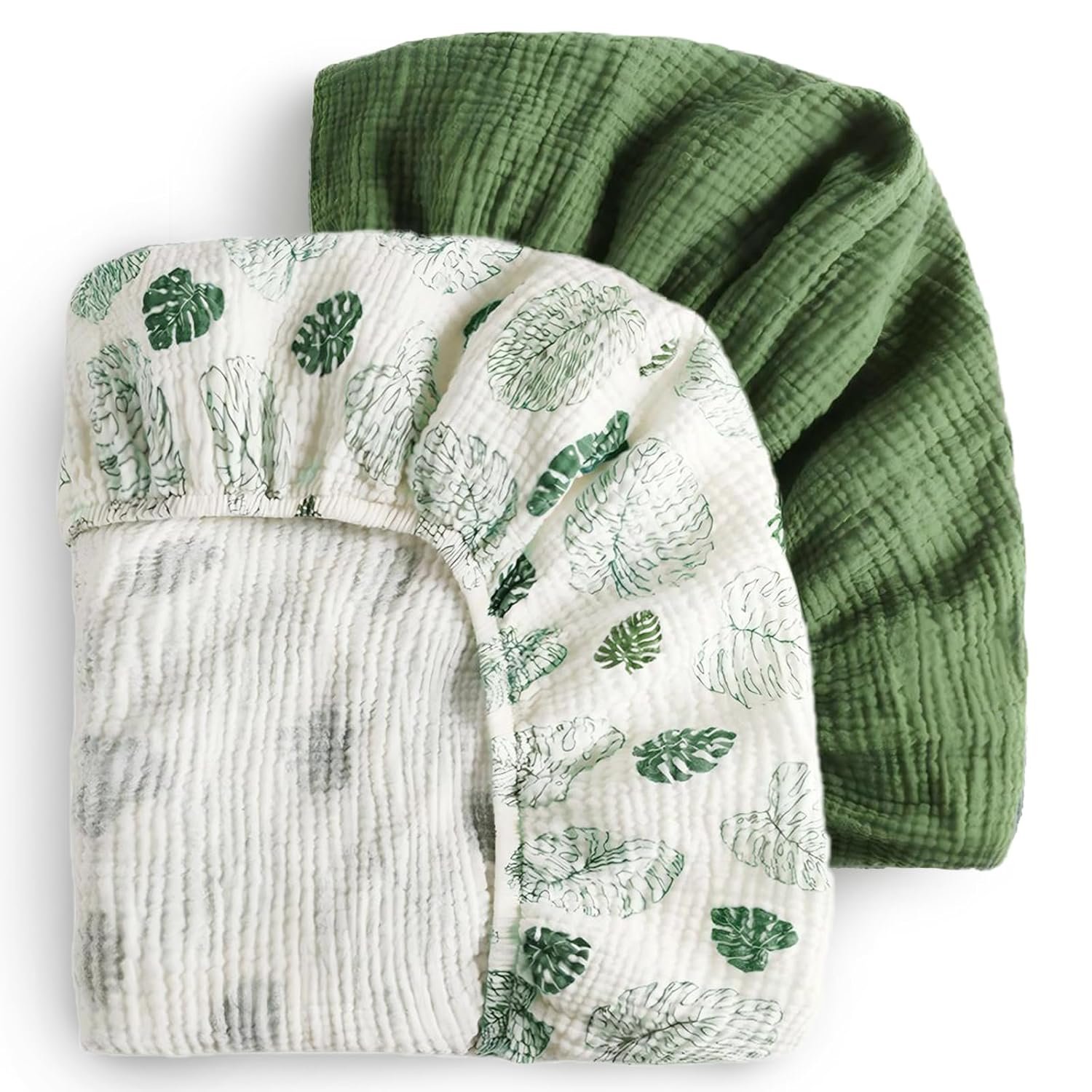 Blissful Diary Muslin Crib Sheets for Girl Boy, Boho Neutral Soft Cotton Baby Sheet for 52”x28” Standard Crib Mattress, 2 Pack(Monstera&Dark Green)