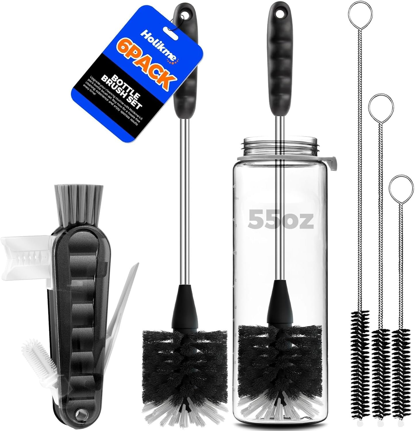 Holikme 6 Pack Bottle Brush Set, 14″ Long Handle Stainless Steel Bottle Cleaner Brush, 3 Straw Brushes, Bottle Cleaning Brush for Water Bottle, Baby Bottle Straws, Black