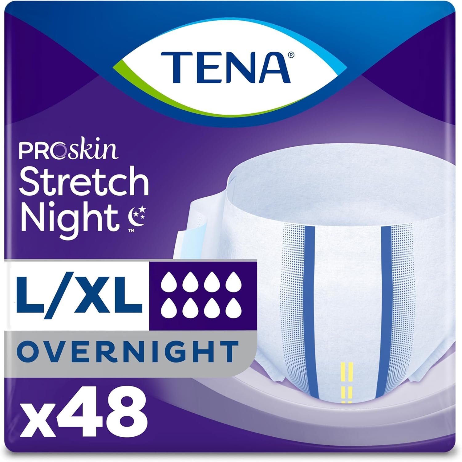Tena ProSkin Overnight Incontinence Adult Diaper for Women & Men, Stretch Brief, Large/Extra Large, 48 Count (4 Packs of 12), Packaging May Vary