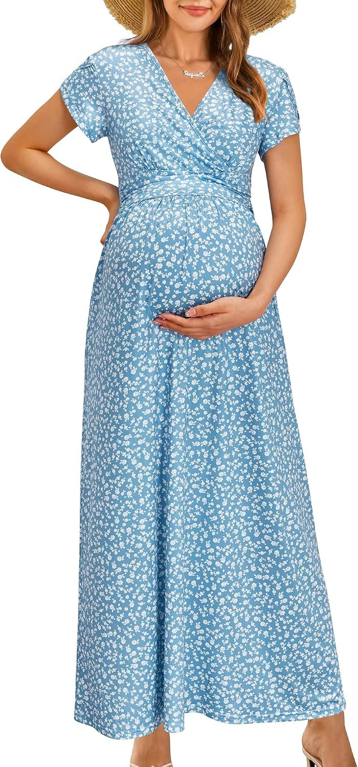 OUGES Maternity Maxi Dress Wrap Baby Shower Pregnancy Dresses for Photoshoot Maternity Outfits Summer Clothes 2026