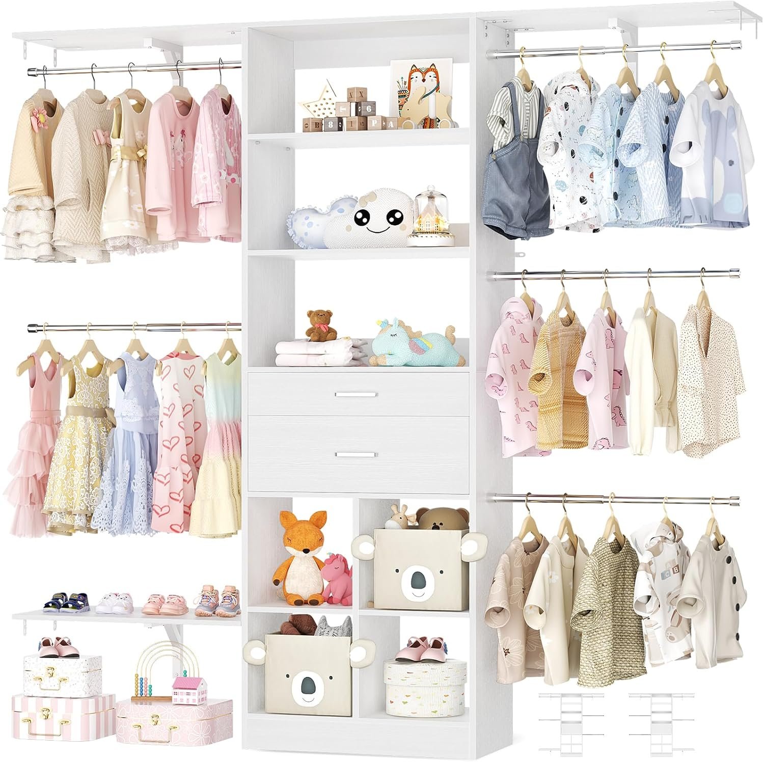 5FT Small Closet System, Baby Closet Organizer System with Wooden Drawers, 60 Inches Walk In Closet System With 5 Hanging Rods and 3 Reversible Hanging Shelving, White