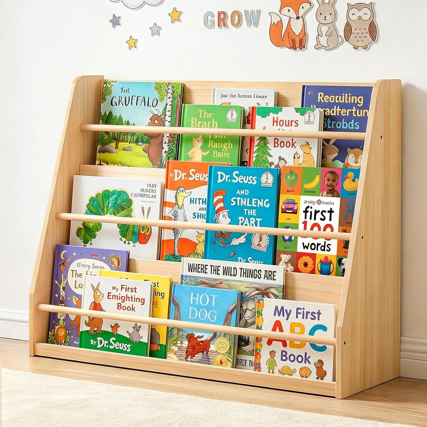 XiaZ Kids Bookshelf, 3-Tier Wooden Montessori Display for Toddlers | Solid Pine Wood, Stable Trapezoid Base, Rounded Corners, Front Display, Compact, Holds 40-60 Books, Easy 20-min Assembly