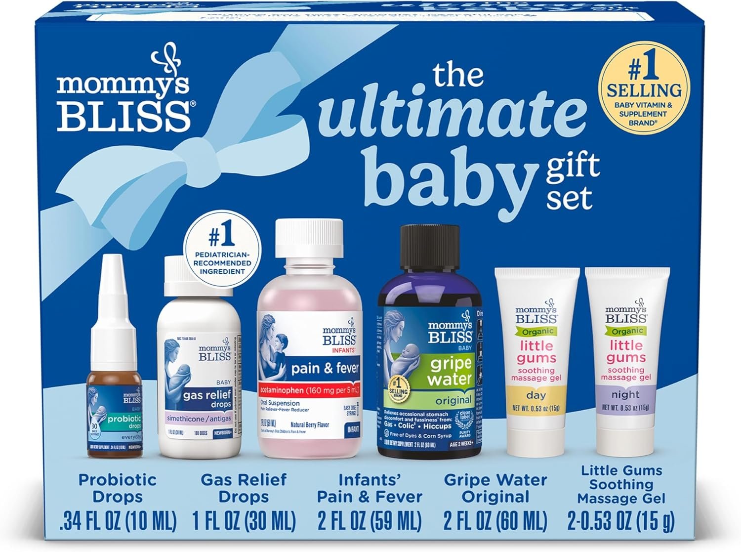 Mommy’s Bliss Ultimate Baby Gift Set | Gripe Water, Probiotic Drops, Pain & Fever Medicine, Gas Relief Drops, and Gum Massage Gel