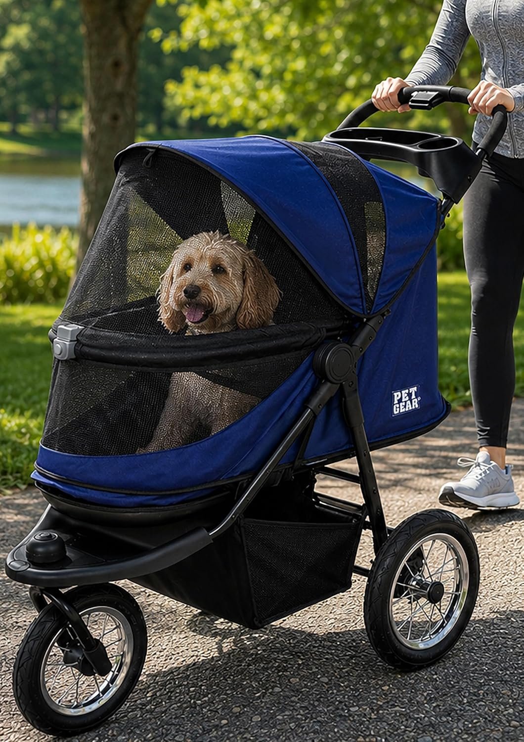 Pet Gear No-Zip Jogger Pet Stroller for Cats/Dogs, Sapphire | Zipperless Entry, Airless Tires, Easy One-Hand Fold, Cup Holder + Storage Basket