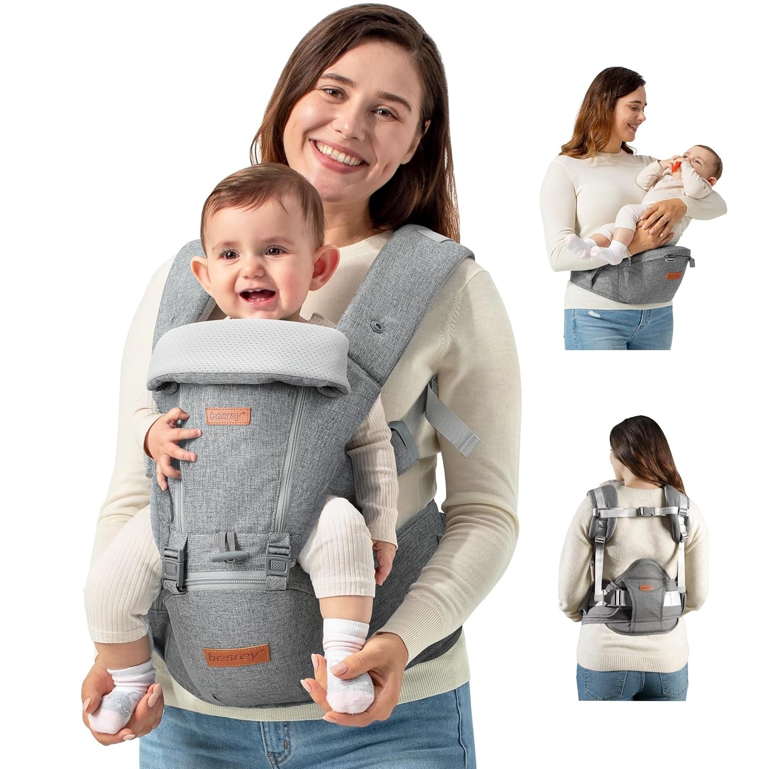 besrey Ergonomic Baby Carrier with Hip Seat, No Back Pain Support, Breathable Mesh, 6-in-1 Positions, Newborn to Toddler, Adjustable Waist Stool Carrier with Storage Pockets
