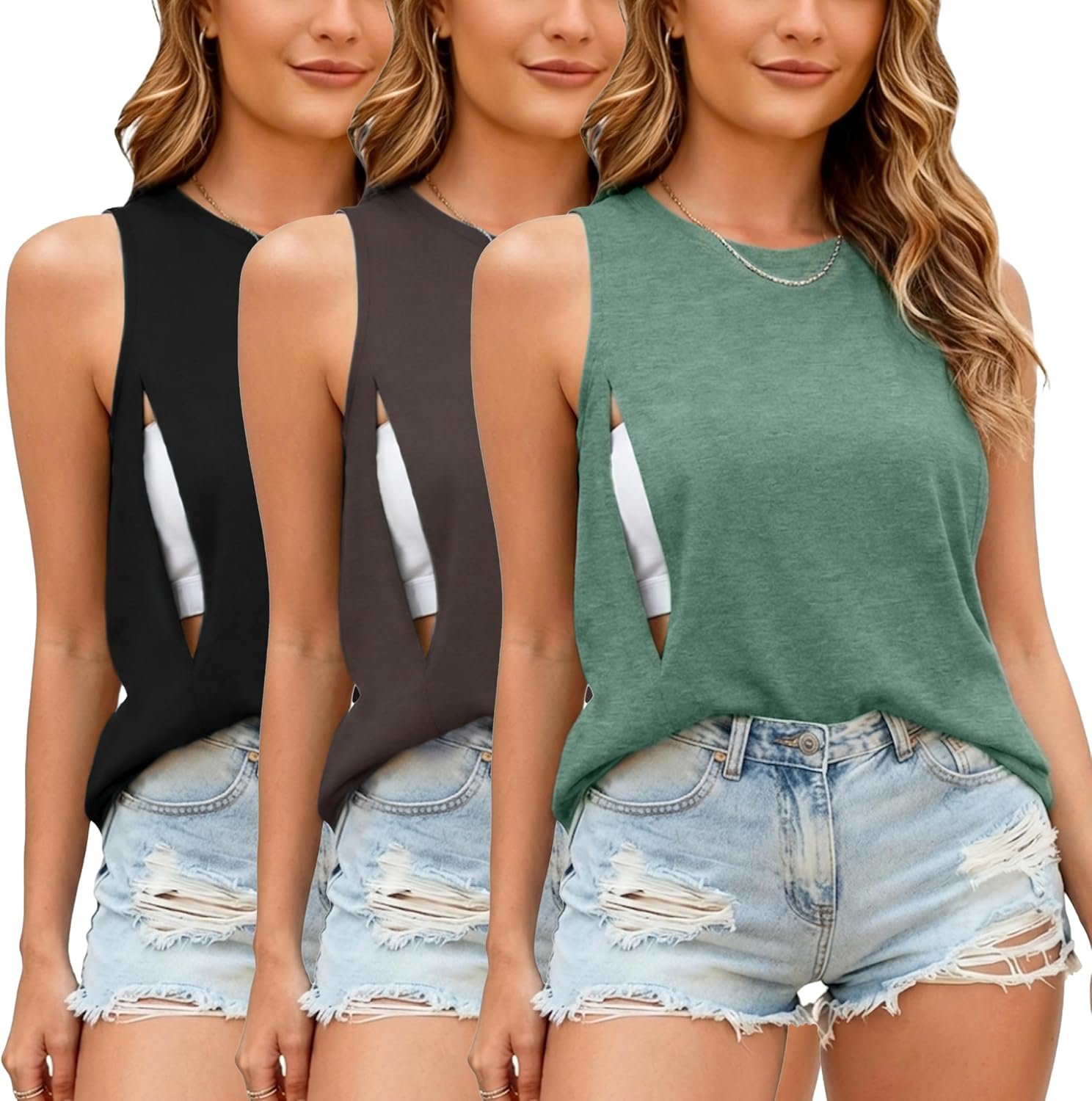Ecavus Women’s 3-Pack Nursing Tank Tops Hidden Zippers Sleeveless Breastfeeding Shirts Loose Fit Maternity Tops