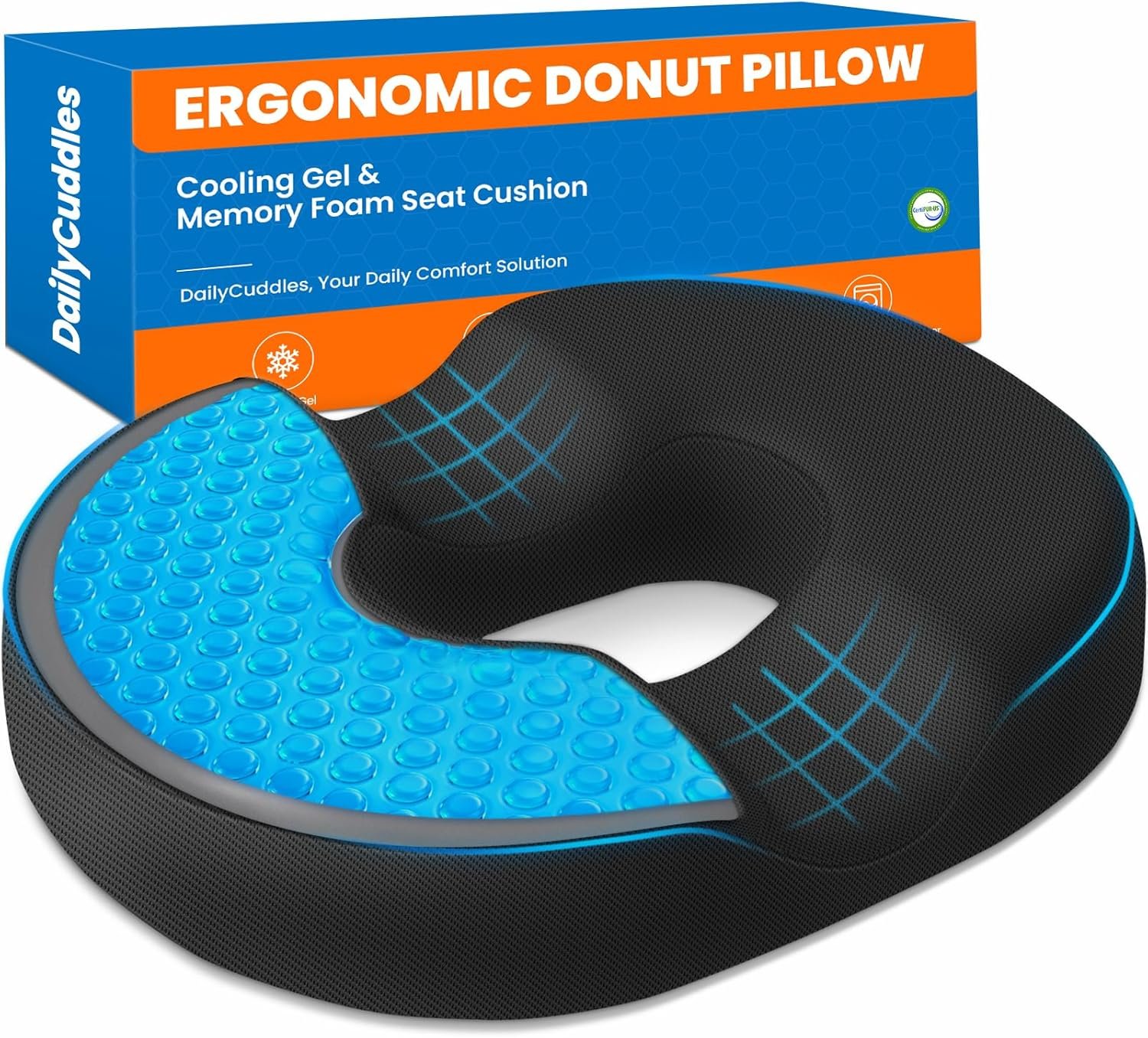 Donut Pillow for Tailbone Pain, Hemorrhoids – Cooling Gel Memory Foam Chair Seat Cushion for Office, Home & Wheelchair, Ergonomic Chair Pad for Pregnancy, Sciatica, Coccyx (Large, Black)