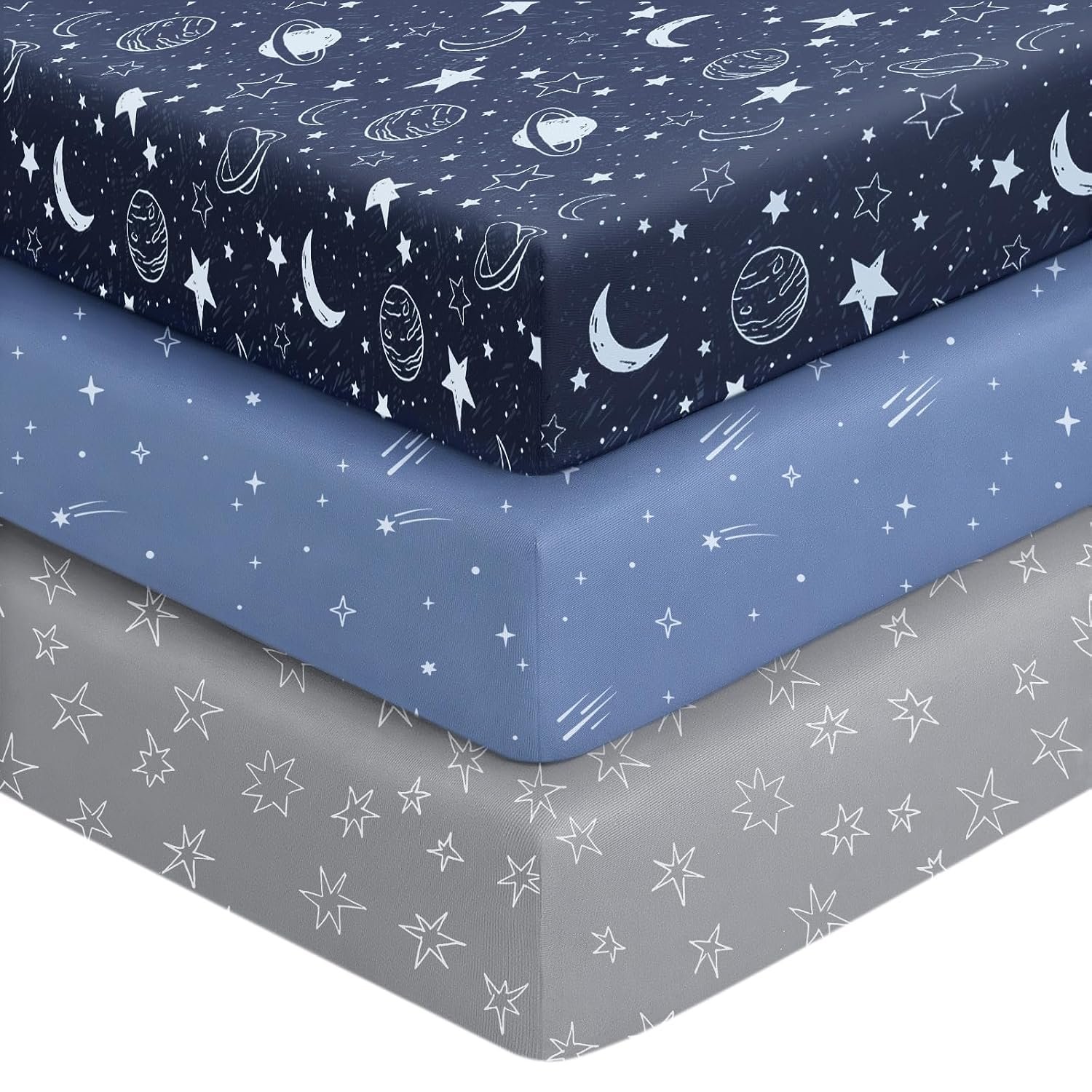 Unnivoll Baby Crib Sheets for Boys Girls, 28x52x8in Fitted Crib Sheet Neutral 3 Pack for Standard Crib and Toddler Mattress, Breathable Soft Microfiber Baby Sheet Blue Gray Planet