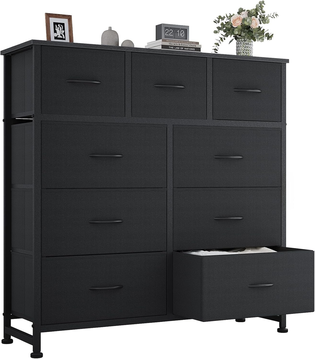 OLIXIS 9 Drawer Fabric Storage Dresser Chest Organizer Unit, Black | Sturdy and lightweight fabric drawers with easy-pull handles. Space-saving versatile organizer for clothes, bedroom