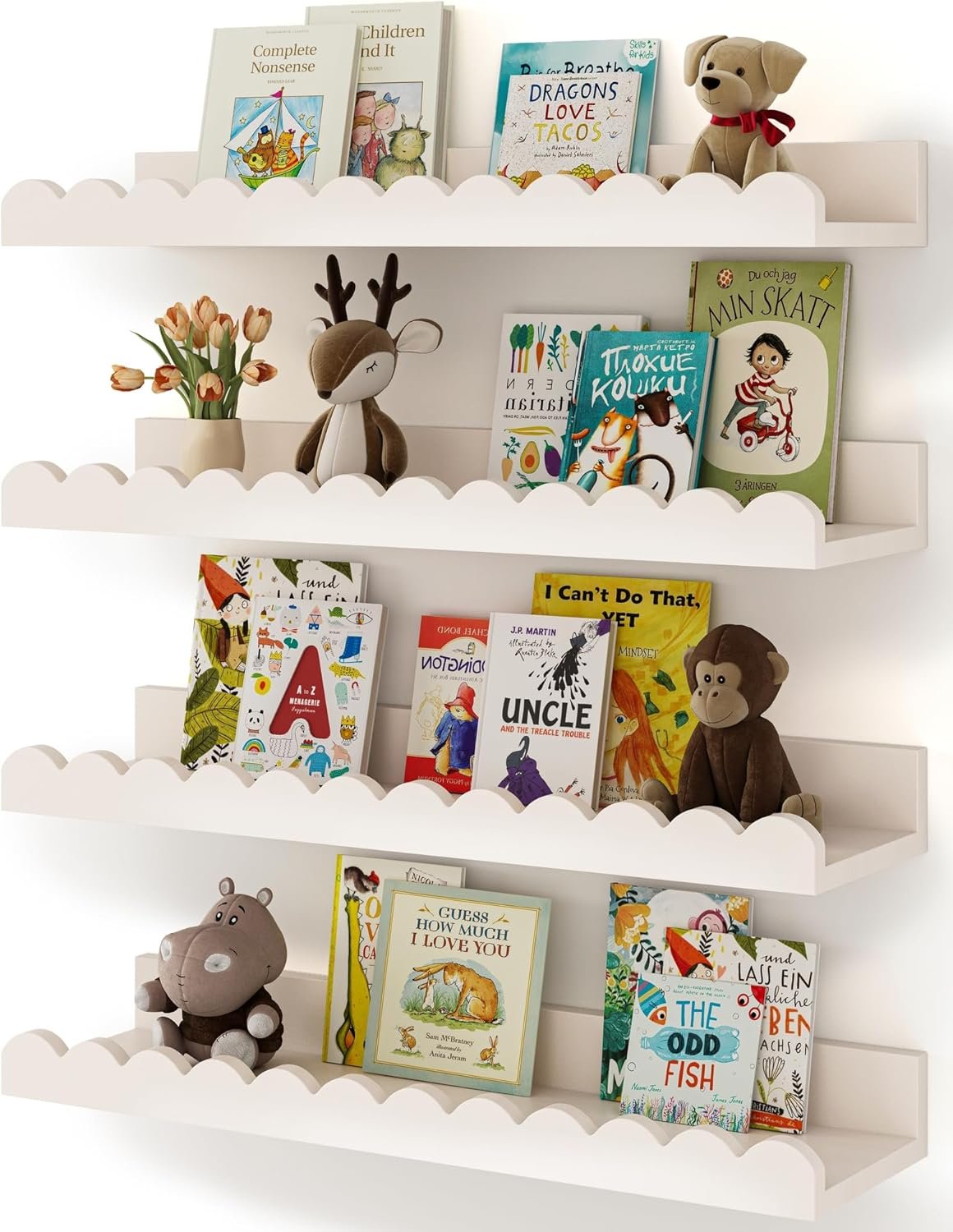 Shario Nursery Book Shelves, 4-Pack White Floating Shelves for Wall Kids, Scalloped Shelves, Wall Book Shelves for Bedroom Kids, Toddler Room, Baby Room, Nursery Decor