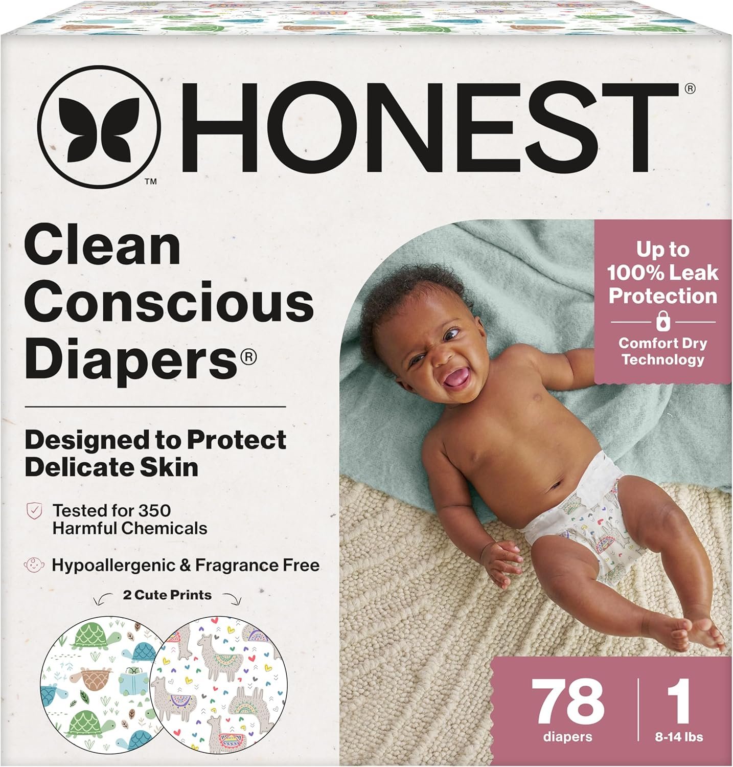 The Honest Company Comfort Dry Disposable Daytime Diapers for Sensitive Skin, Hypoallergenic, All the Alpacas + Turtle Time, Club Box Size 1 (8-14 lbs) 78 Count