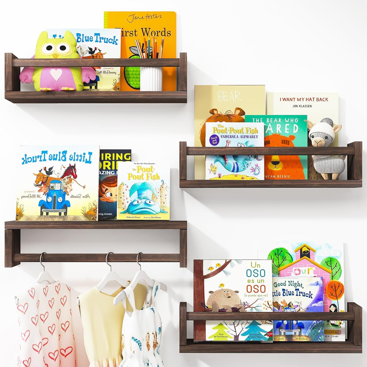 Fixwal Floating Book Shelves for Wall, 16.5 Inch Nursery Book Shelves for Kids Rooms, Shelves for Kids Room Set of 4, Solid Wood Wall Mounted Shelves for Books and Toys Storage (Brown)