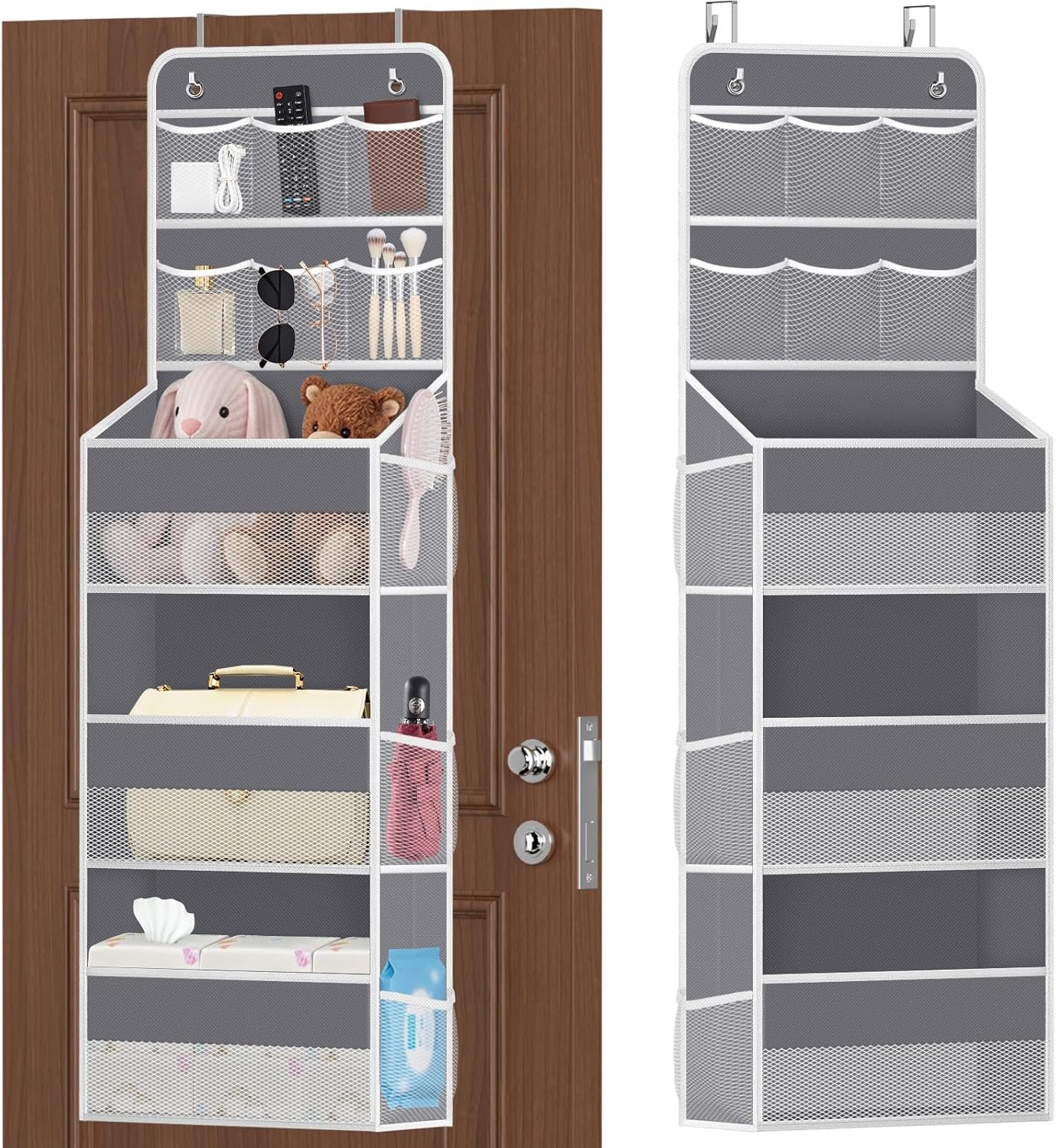 SpaceHacks 5-Tier Over the Door Organizer with Mesh Pockets, Baby Nursery Storage for Closet, Bathroom and Bedroom, Adjustable Hanging Closet Organizer for Cosmetics, Books and Essentials (Dark Grey)