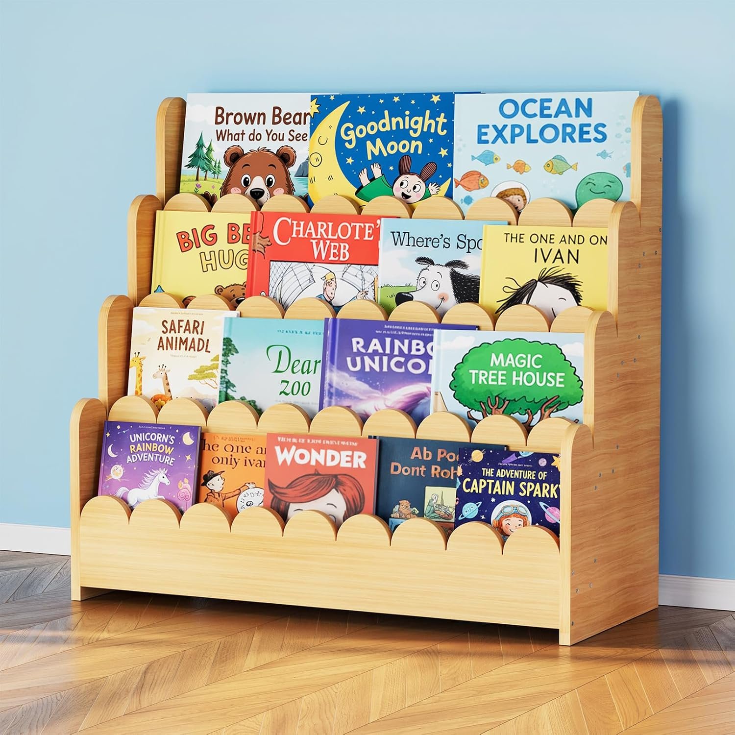 SpaceAid 4-Tier Scalloped Bookshelf, Montessori Bookcase for Toddlers, Wooden Book Shelf Organizer Display Furniture for Kids Rooms, Playroom, Nursery and Classroom, 29.6“ Wide, Natural
