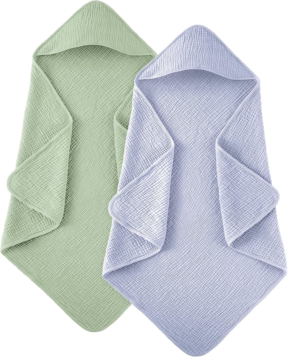 Susurration Hooded Baby Towels for Newborn 2 Pack 100% Muslin Cotton Towel for Babies，Highly Absorbent and Newborn Essential (Blue&Green)