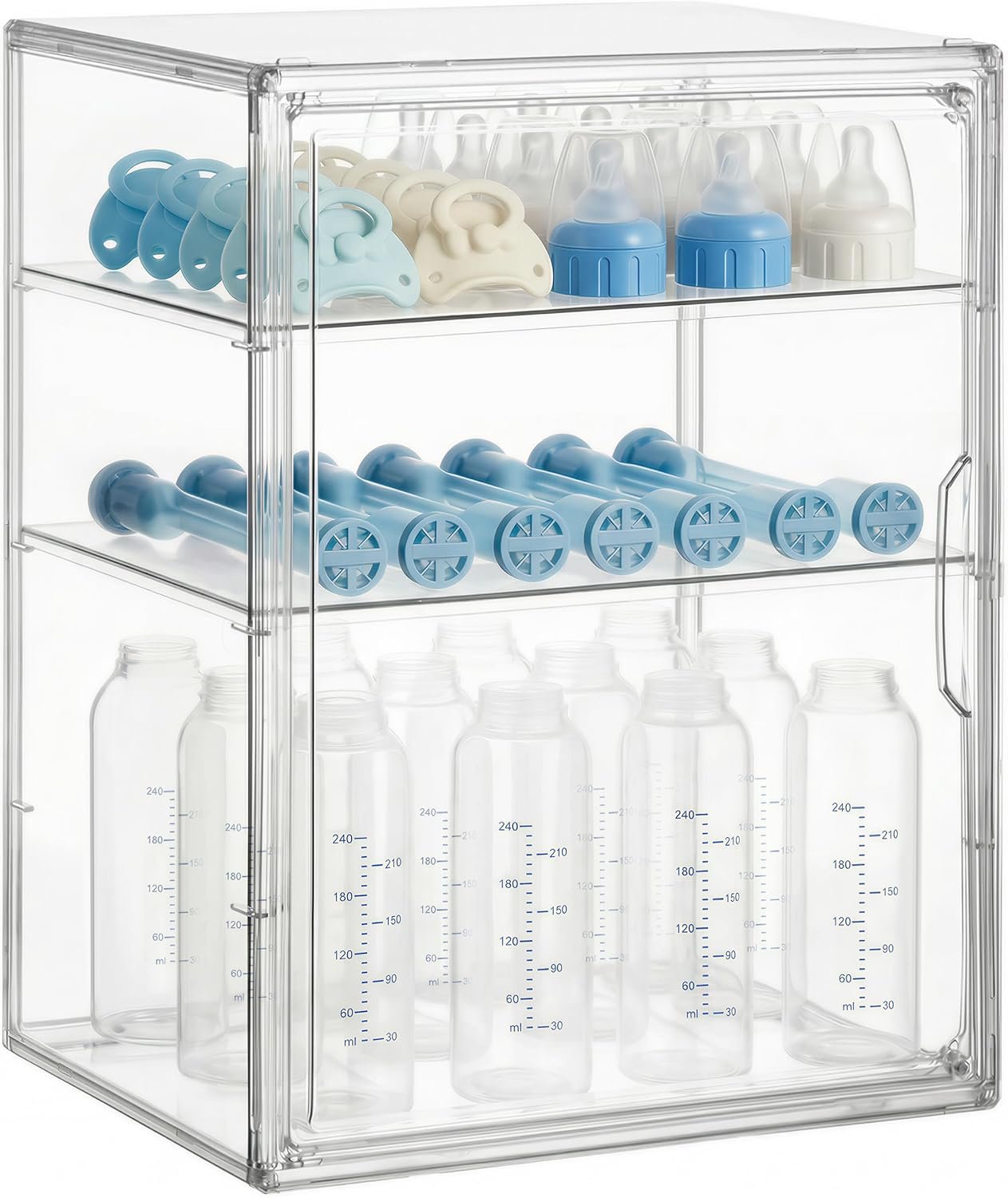 HBlife Baby Bottle Storage Organizer for Countertop Cabinet, 3 Tiers Adjustable Clear Acrylic Bottles Storage Station Case Box Container with 2 Removable Dividers and Magnetic Door, Large