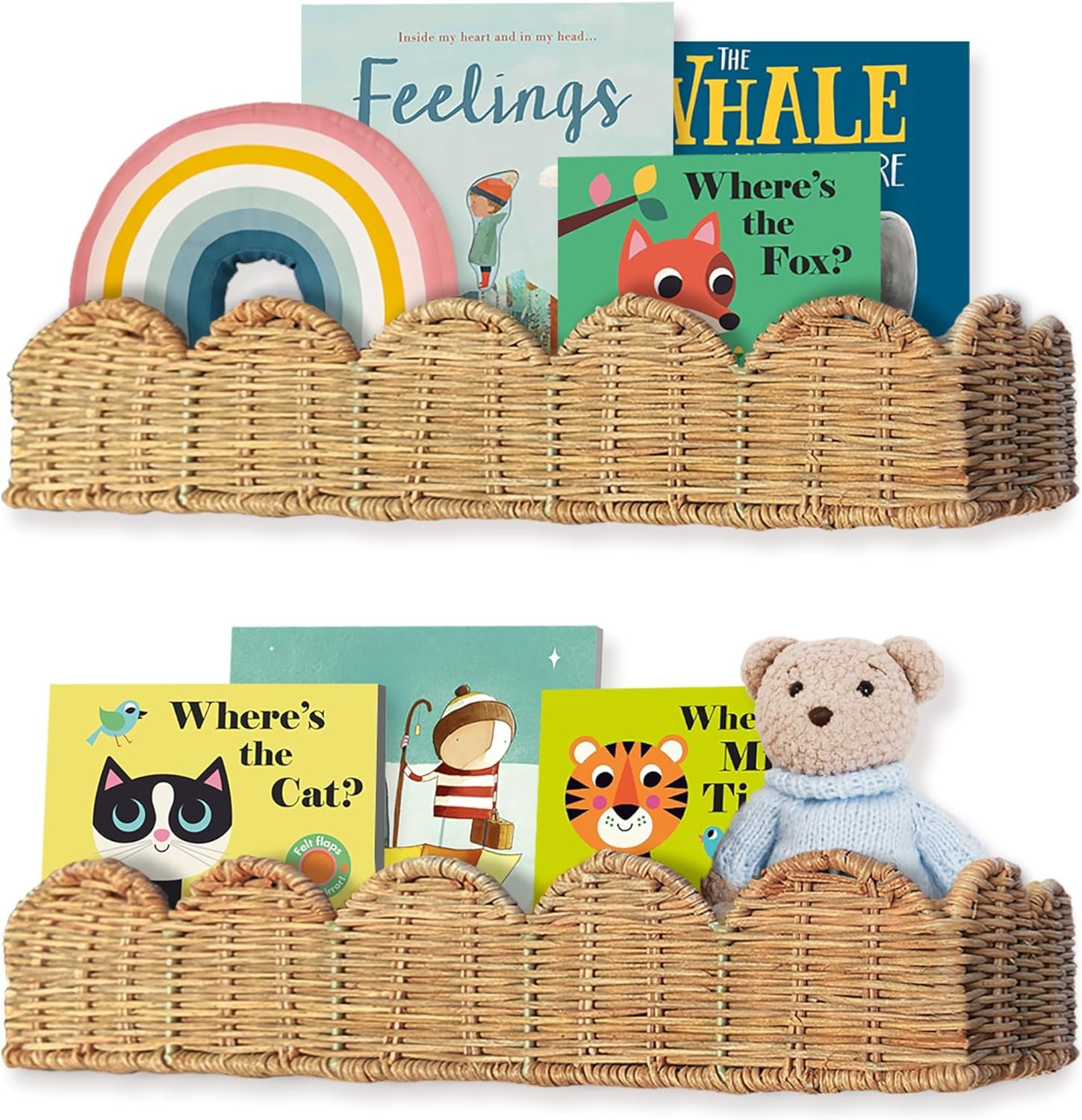 Nursery Book Shelves Set of 2 – Artisanal Natural Rattan Scalloped Book Shelf for Kids Rooms 15.8″ W, Cute Wicker Nursery Bookshelf Wall Mounted, Handwoven Floating Kids Bookshelf, Baby Boho Decor