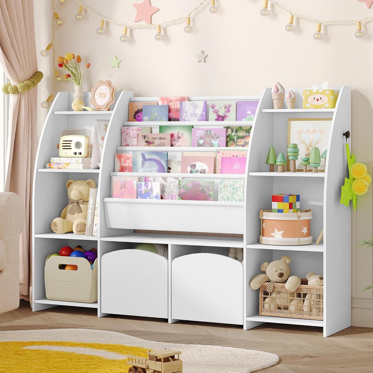 Hzuaneri Toy Storage Organizer, Large Kids Bookshelf with 2 Movable Storage Drawers and 8 Open Cubbies, 4 Tier Front-Facing Book Display Organizer for Kids Playroom, Bedroom, Classroom, White KB13003W