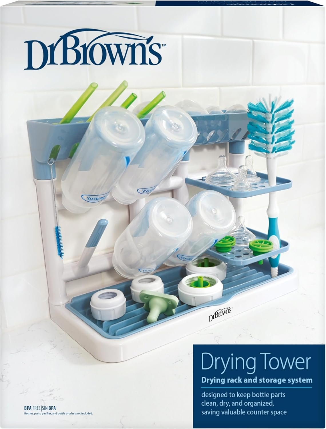 Dr. Brown’s Drying Tower, Stand-Up Drying Rack, Countertop Baby Bottle Drying with Organized Storage for Baby Essentials, Space Saving Vertical Rack, Blue/White