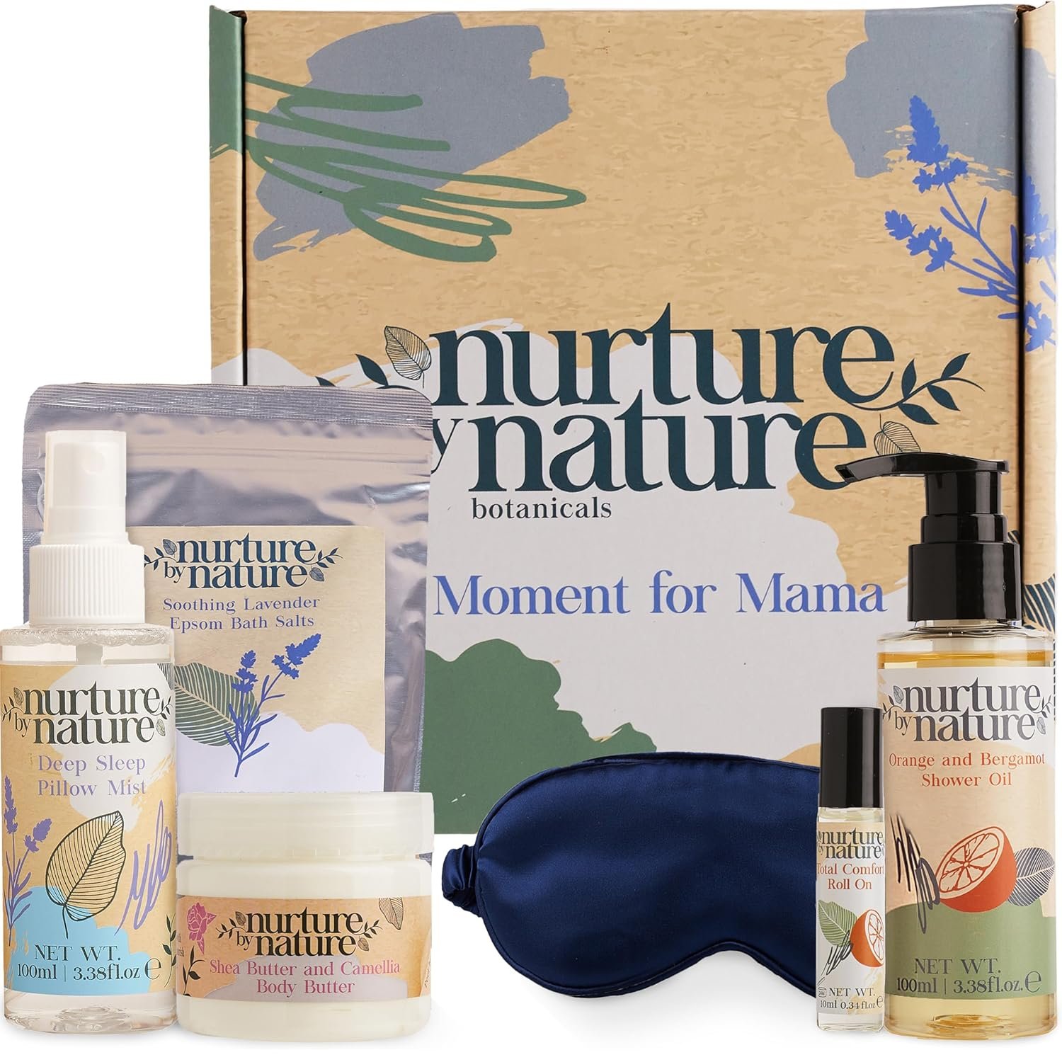 Nurture by Nature New Mom Self Care Gift Set with Body Scrub, Lavender Pillow Spray, Sleep Mask, Body Butter, Shower Gel & Bath Salts – Vegan Friendly – Stocking Stuffer, Baby Shower Gift Basket