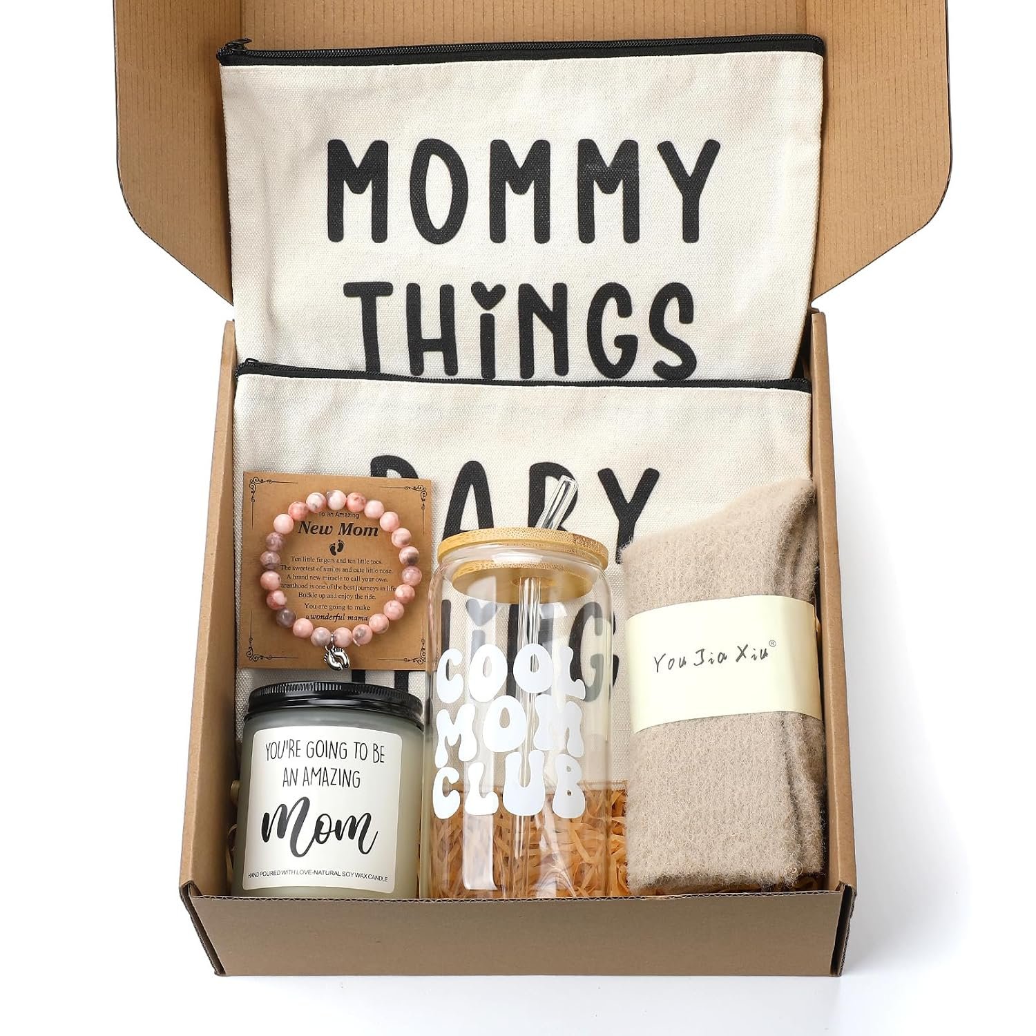 Maxdot 8 Piece New Mom Care Package Box After Birth New Mom Gifts Basket for Pregnancy Women Postpartum Gifts Kit with Glass Cup for Baby Shower Expecting Parents to Be First Time Mothers Day Birthday