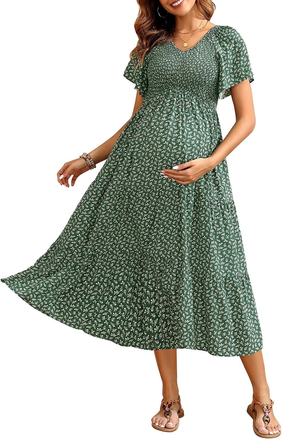 Maternity Dress for Baby Shower – 2025 Photoshoot Pregnancy Summer Midi Casual Flutter Sleeve Dress
