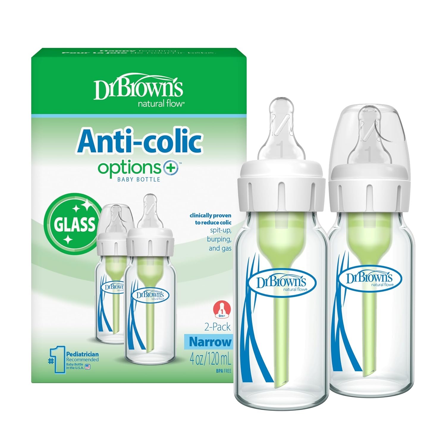 Dr. Brown’s Anti-Colic Options+ Narrow Glass Baby Bottle with Level 1 Slow Flow Nipple, BPA-Free, 4 oz/120mL, 0m+, 2-Pack (Packaging May Vary)