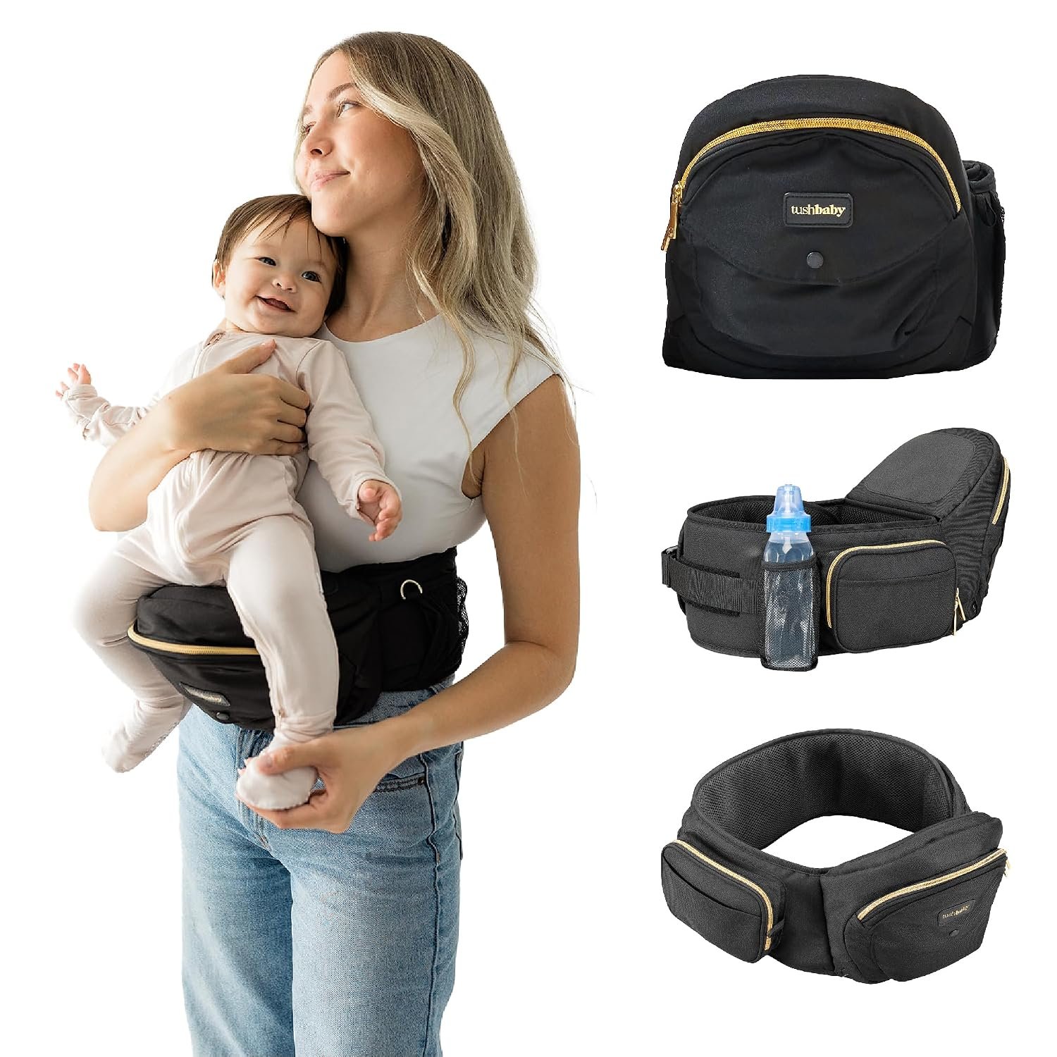 Tushbaby Original Hip Seat Baby Carrier for Babies & Toddlers up to 45 lbs, Safety Certified, Lightweight No-Foam Design with Storage, Black & Gold