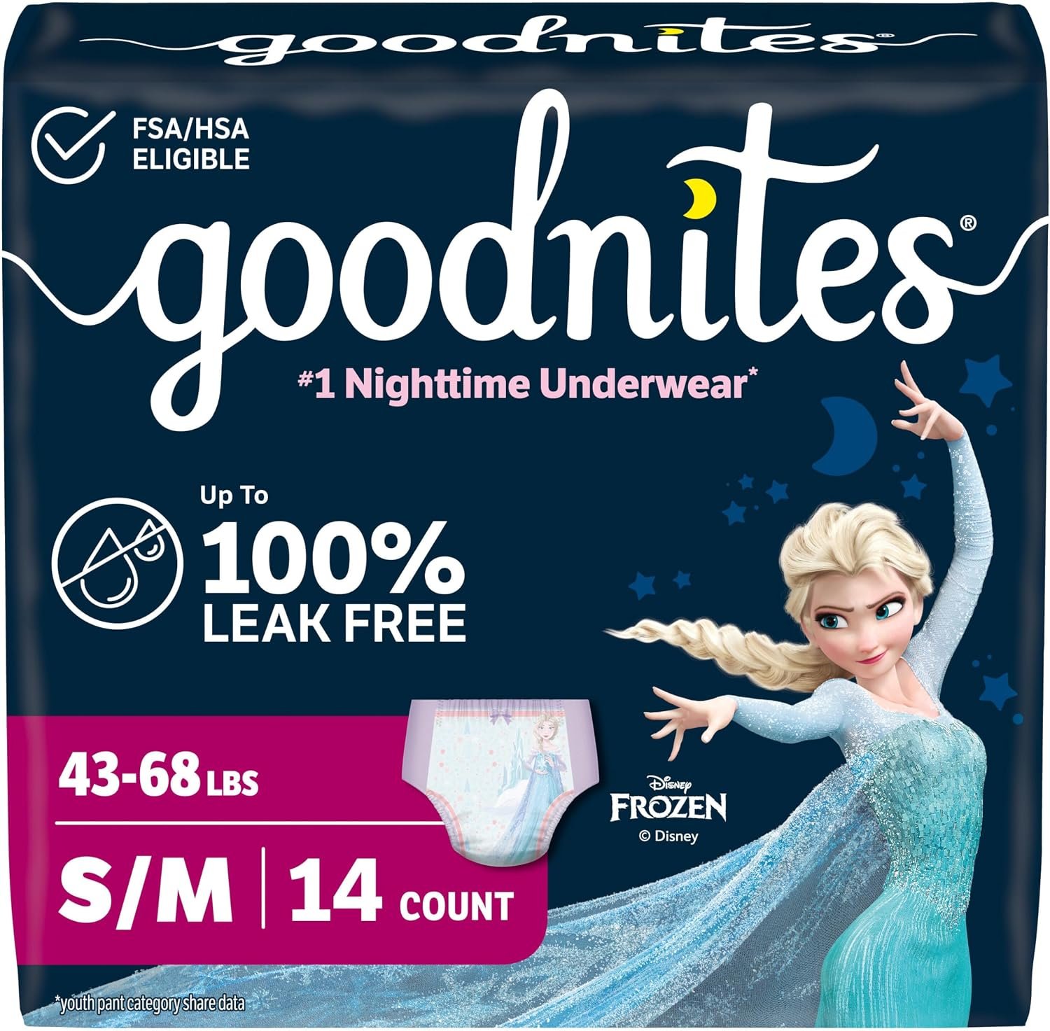Goodnites Girls’ Nighttime Bedwetting Underwear, Size S/M (43-68 lbs), 14 Ct, Packaging May Vary