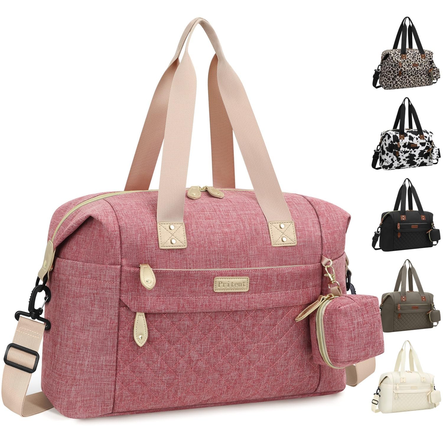 Pritent Diaper Bag Tote – Diaper Baby Bags with Pacifier Case, Shoulder Straps, Stroller Clips, Waterproof Large Mommy Bag Maternity Bag Travel Baby Bag for Mom and Dad, Pink