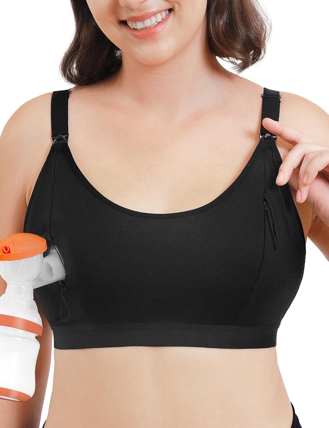 HOFISH ZipPum Bra, Hands-Free Pumping & Nursing Bra, Dual-Zip Adjustable Non-Stretch Prevents Bottle Drop