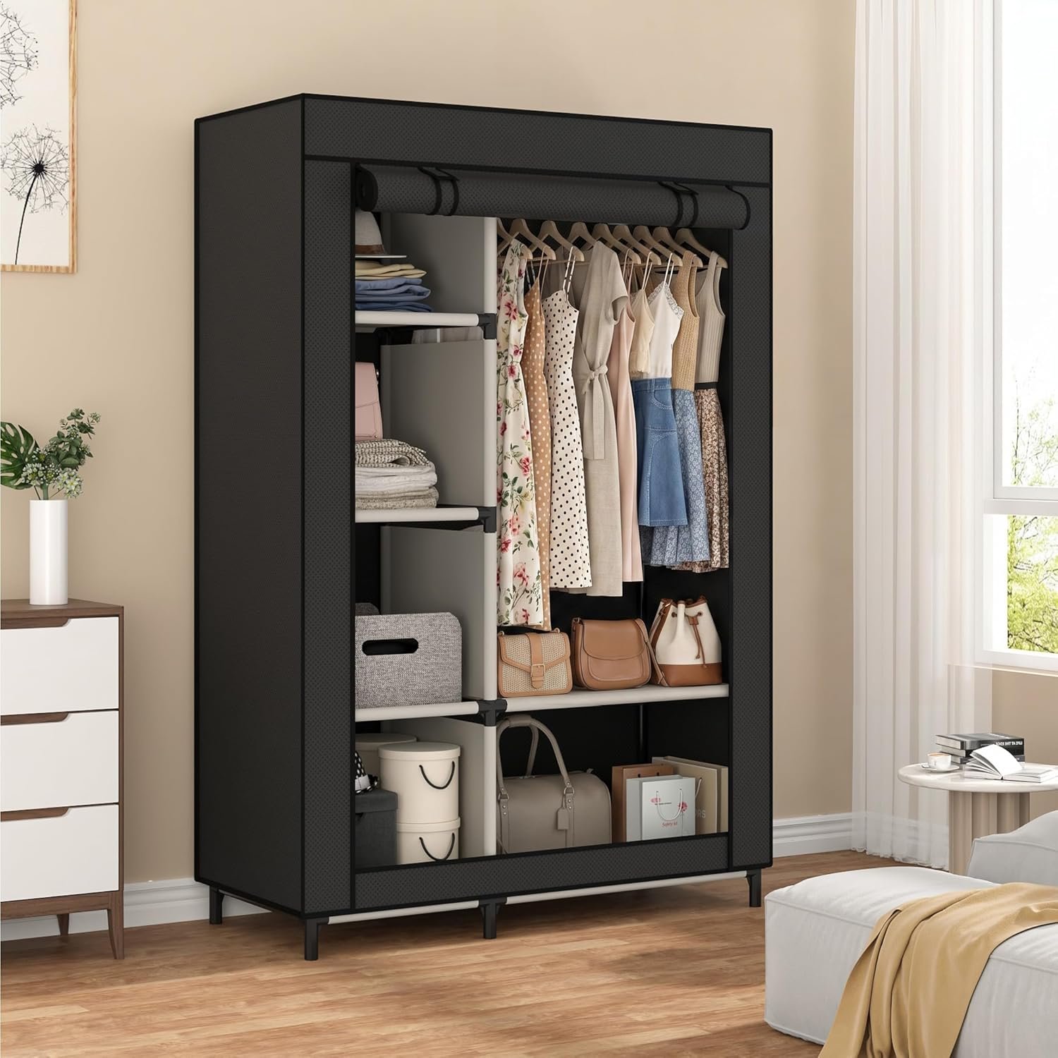 Calmootey Portable Closet Organizers, Clothing Storage, Wardrobe with 6 Shelves and Hanging Rod, Non-Woven Fabric Cover with 4 Side Pockets, Black