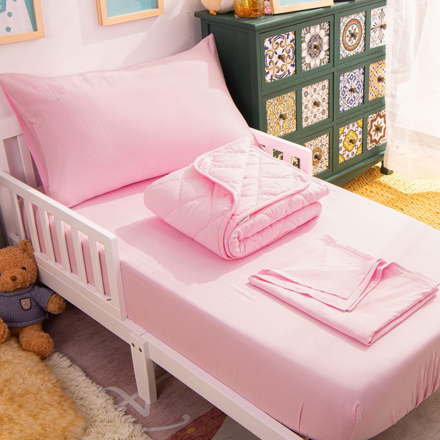 NTBAY Toddler Bedding Set – 4 Piece Soft and Breathable Crib Bedding Set for Boys and Girls, Includes Quilted Comforter, Fitted Sheet, Flat Top Sheet and Envelope Pillowcase, Pink