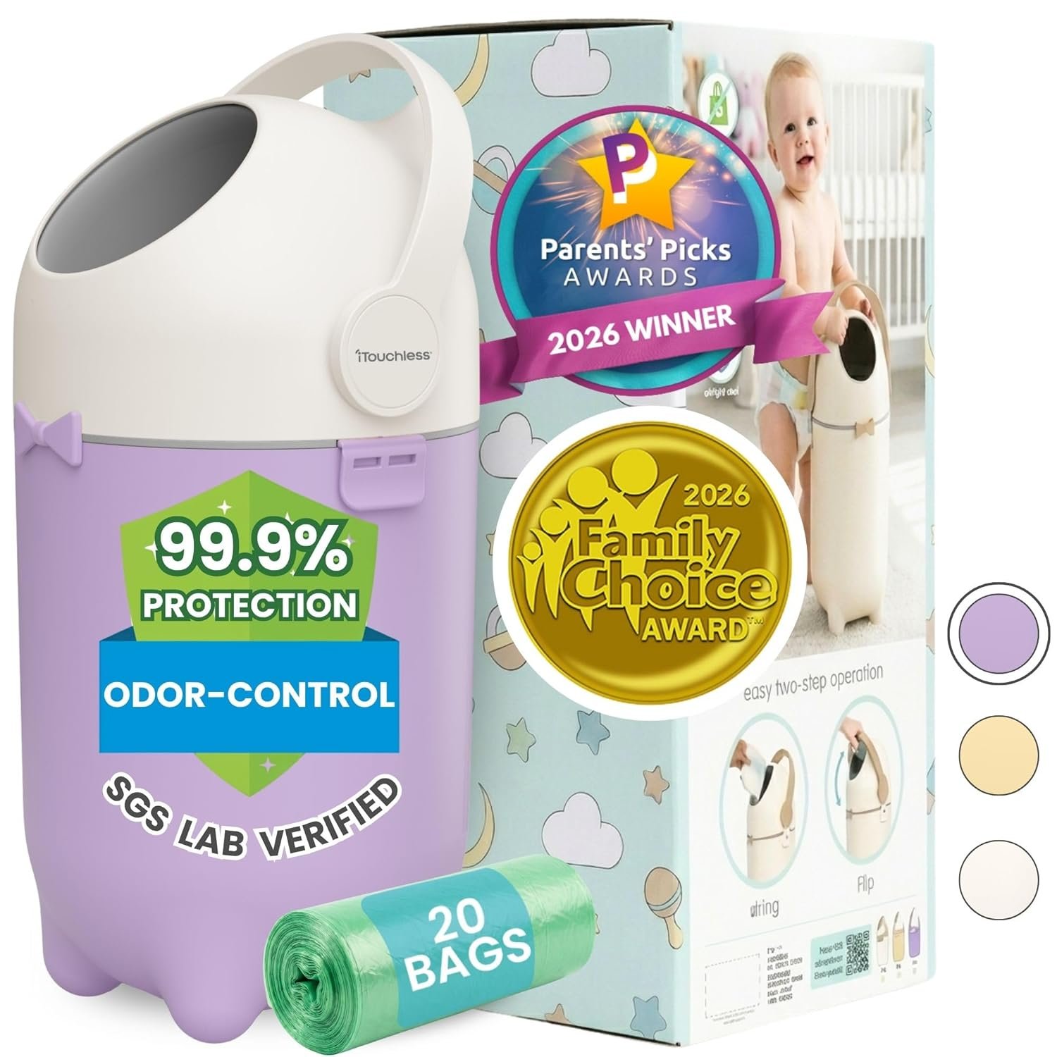 iTouchless Odor-Locking Diaper Pail – 2026 Award-Winning Ag+ Silver Ion Nursery Bin – Fits Any Bag, No Refills Needed – Includes 20 Leak-Proof Bags (Holds 300 Diapers) – Lavender Orchid Hygienic Bin